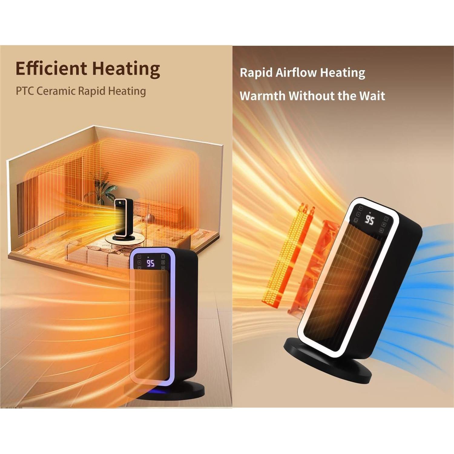 Space Heater, 1500W PTC Heater with ECO Thermostat System, Oscillating 70°, 12H Timer, Heaters for Indoor Use with Remote Control, 8 Color Changing Lights, Safety Features for Home Bedroom, Office