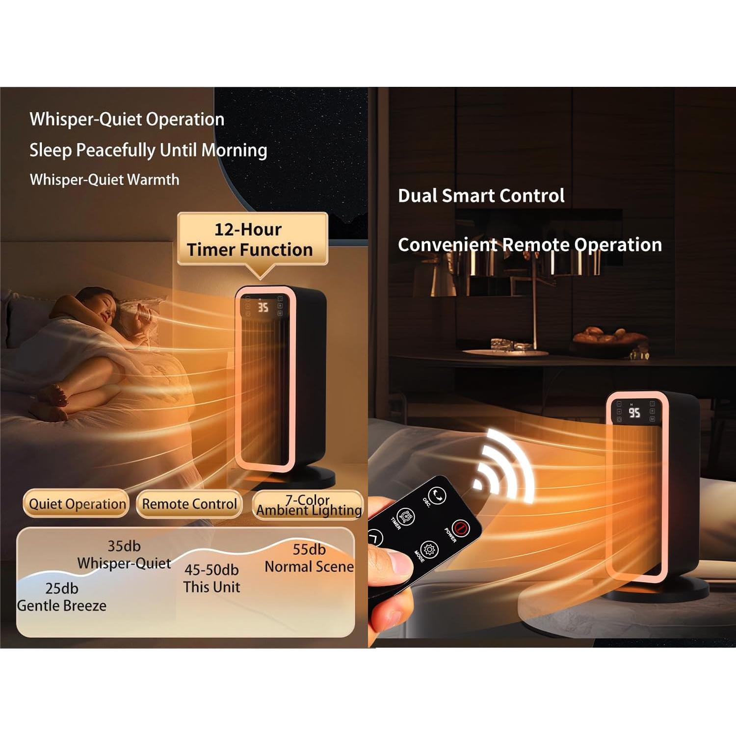 Space Heater, 1500W PTC Heater with ECO Thermostat System, Oscillating 70°, 12H Timer, Heaters for Indoor Use with Remote Control, 8 Color Changing Lights, Safety Features for Home Bedroom, Office