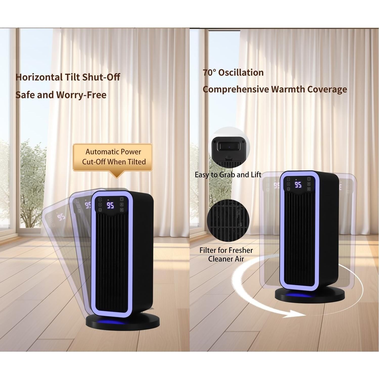 Space Heater, 1500W PTC Heater with ECO Thermostat System, Oscillating 70°, 12H Timer, Heaters for Indoor Use with Remote Control, 8 Color Changing Lights, Safety Features for Home Bedroom, Office