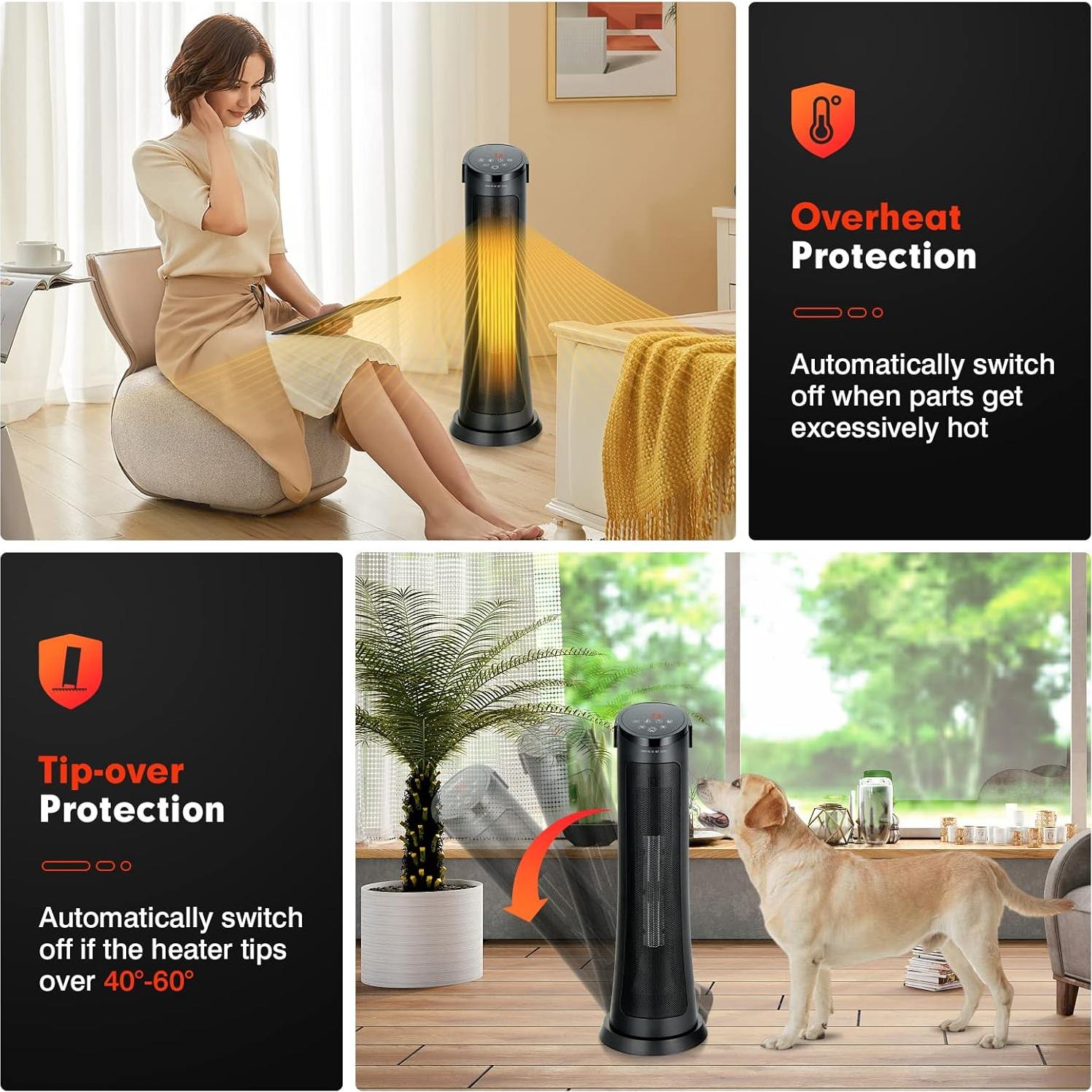 PETSITE Space Heater, 1500W PTC Ceramic Portable Electric Heater with Thermostat, 3 Modes and 24H Timer, Remote Control, Overheating & Tip-Over Protection