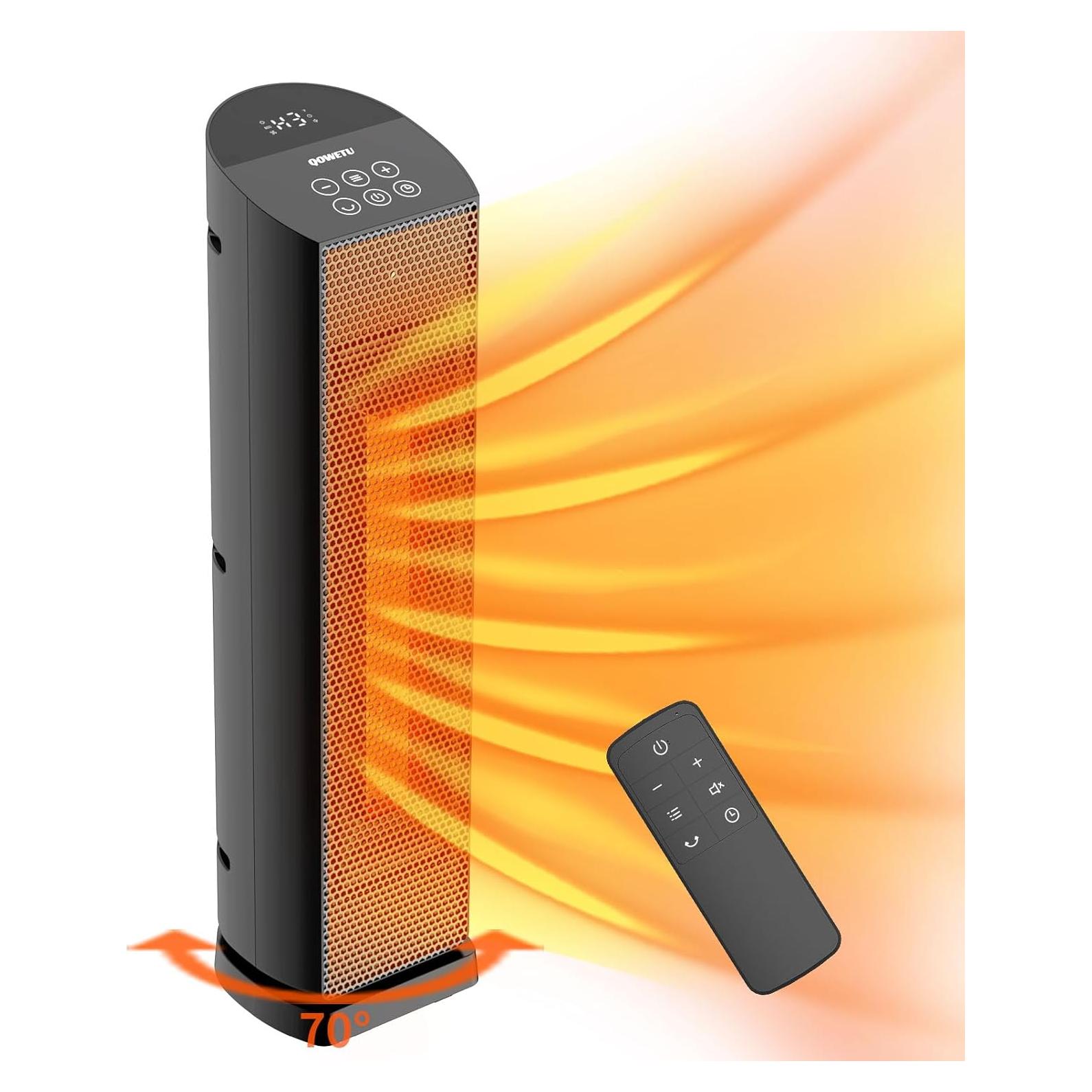 Space Heater for Indoor Use with Remote - 70° Oscillating Tower Electric Heater, 24 Inchs, 12H Timer, 1500W Quiet PTC Ceramic Heating with Thermostat, Fast Safety Heat for Office, Home, Bedroom