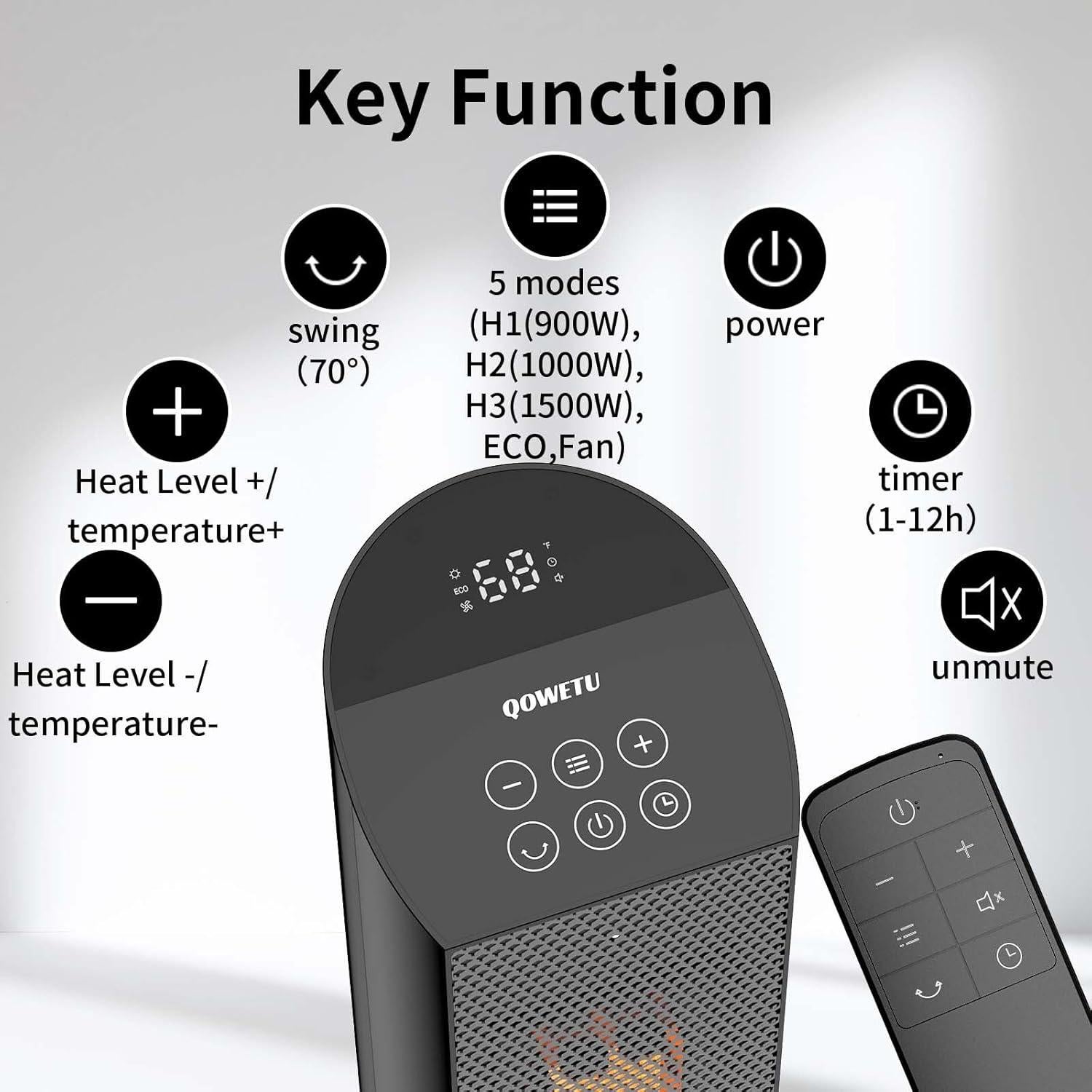 Space Heater for Indoor Use with Remote - 70° Oscillating Tower Electric Heater, 24 Inchs, 12H Timer, 1500W Quiet PTC Ceramic Heating with Thermostat, Fast Safety Heat for Office, Home, Bedroom