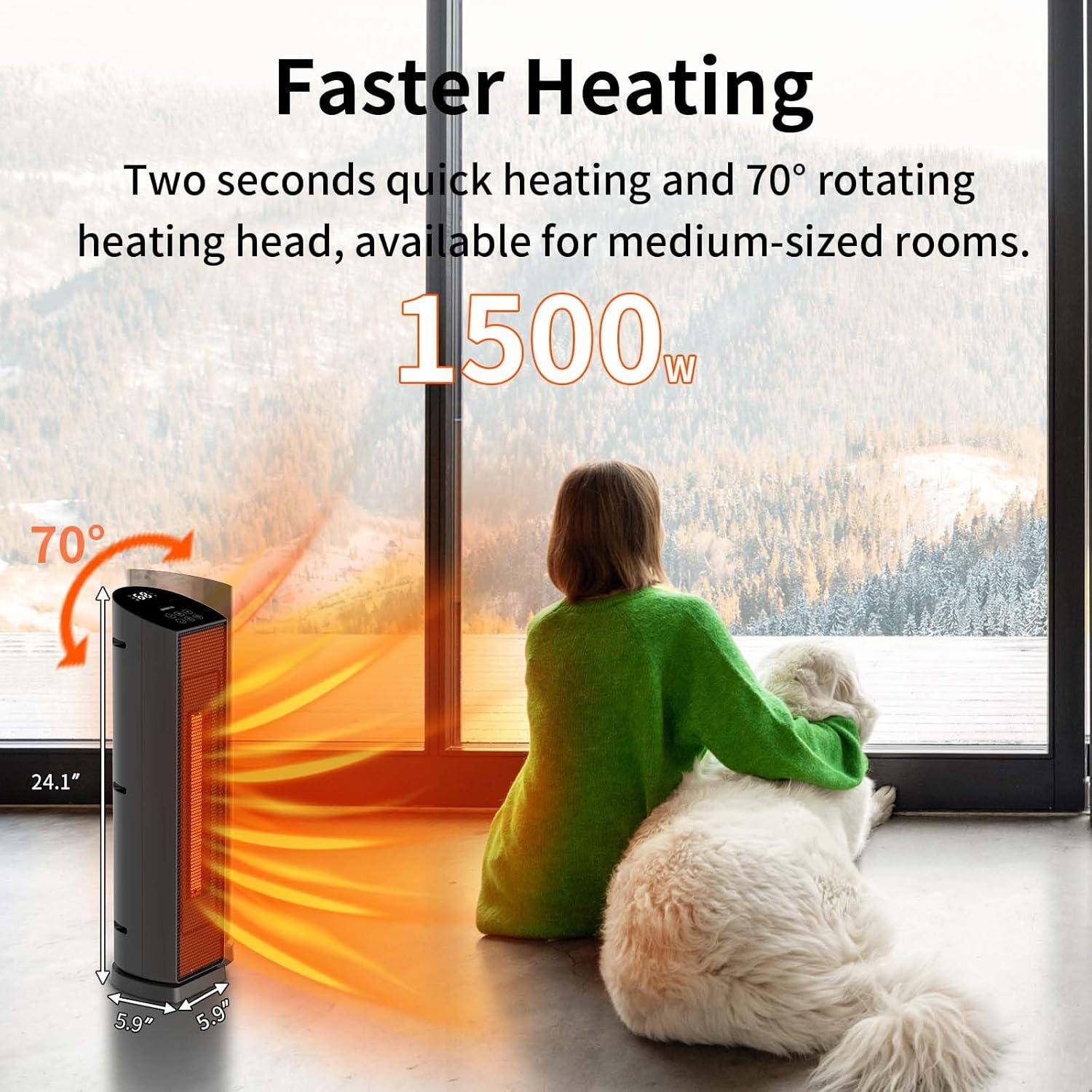Space Heater for Indoor Use with Remote - 70° Oscillating Tower Electric Heater, 24 Inchs, 12H Timer, 1500W Quiet PTC Ceramic Heating with Thermostat, Fast Safety Heat for Office, Home, Bedroom