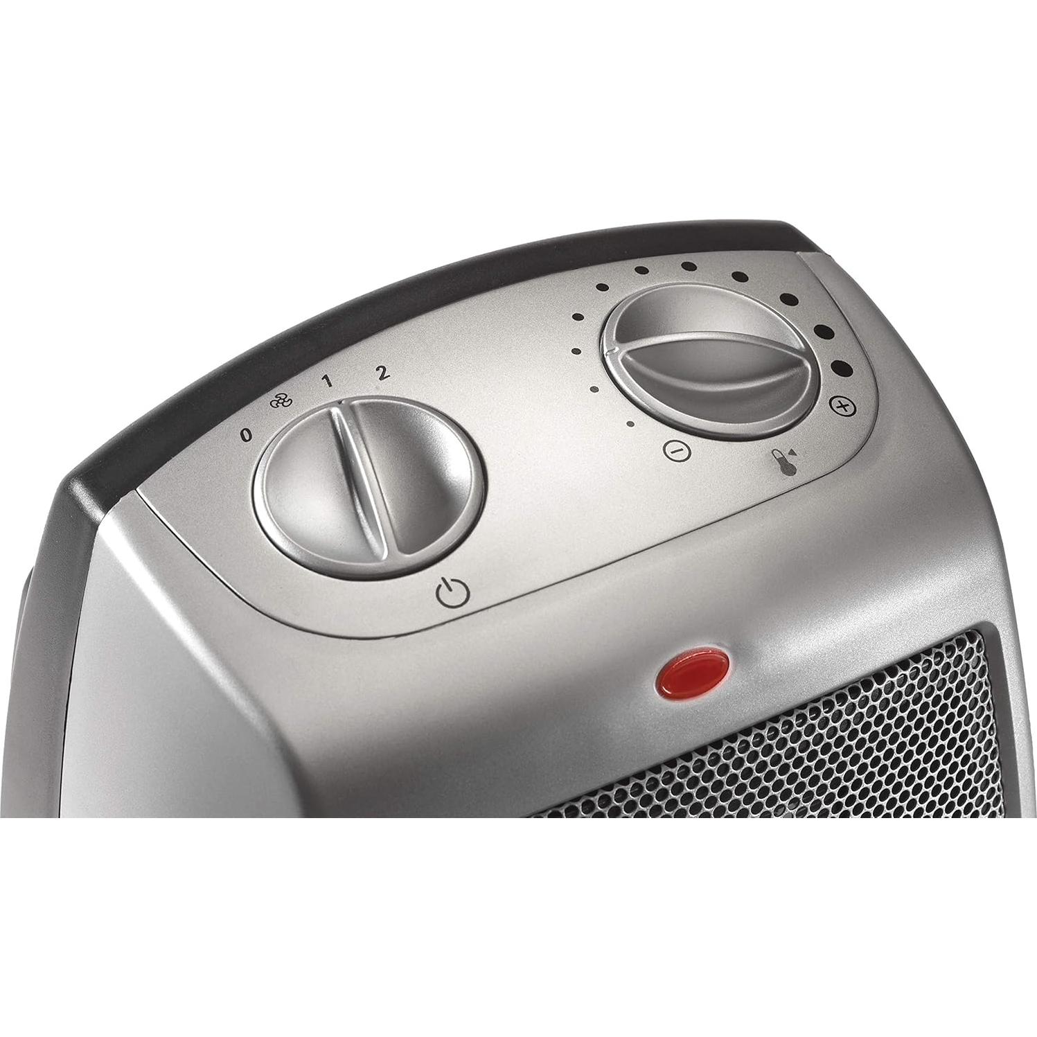 Desktop Electric Ceramic Space Heater with Adjustable Thermostat, 2 Heat Settings and Fan Only Mode, 9.2 Inches, Silver, 754200