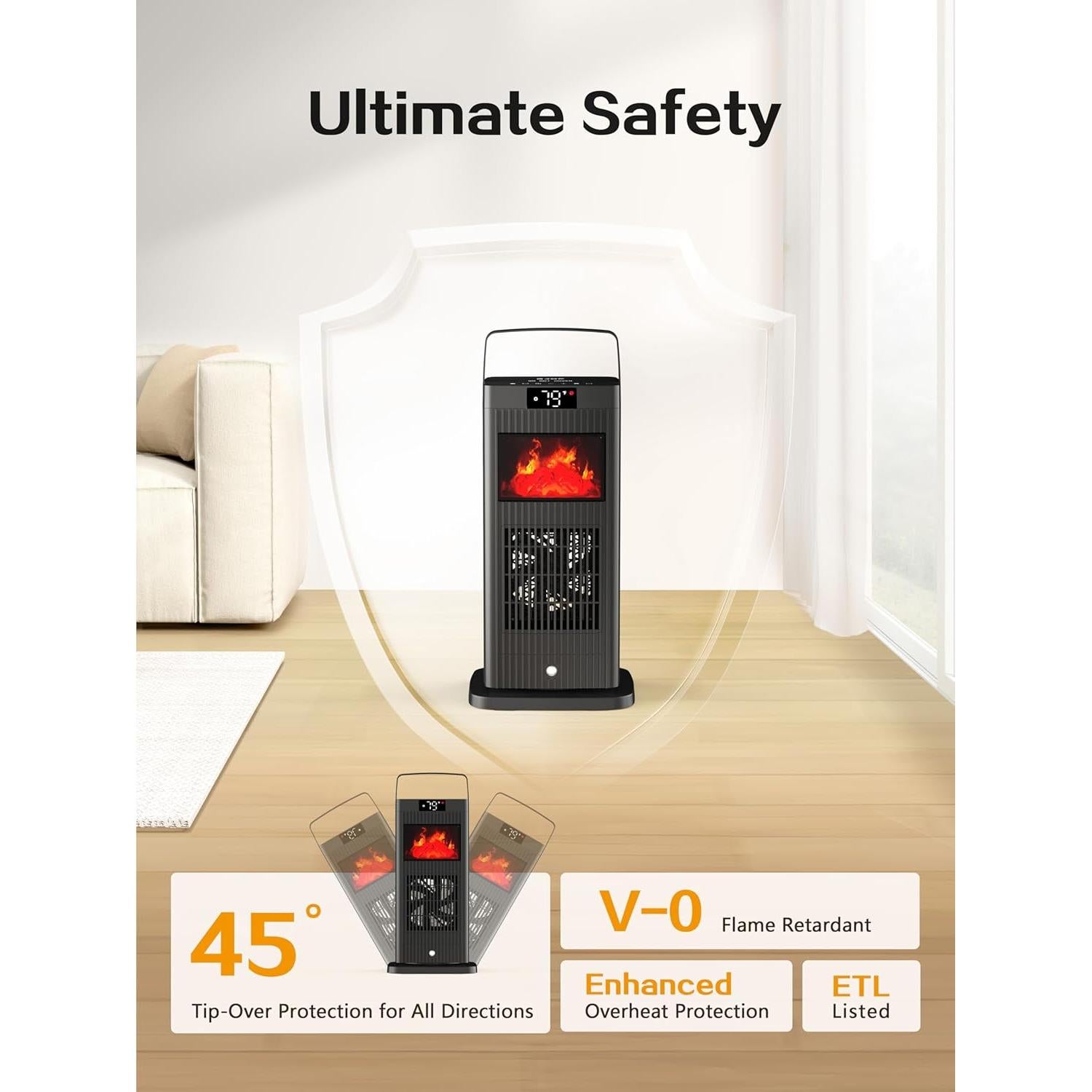 Calentador de Espacio Eléctrico BJOP 1500W PTC Portátil con Efecto Llama