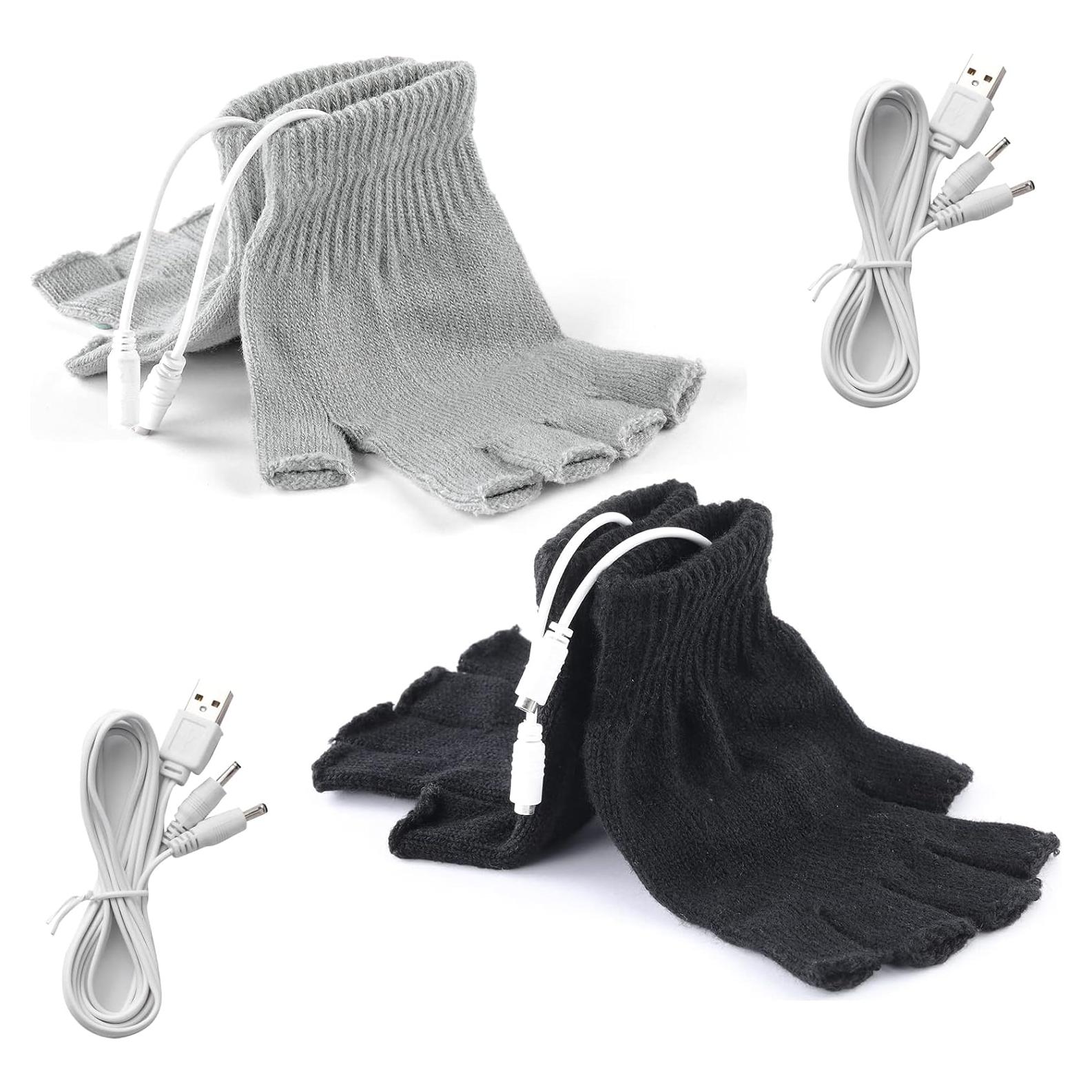 Guantes Calentados por USB 2 Pares Lana Tejida Negro Gris