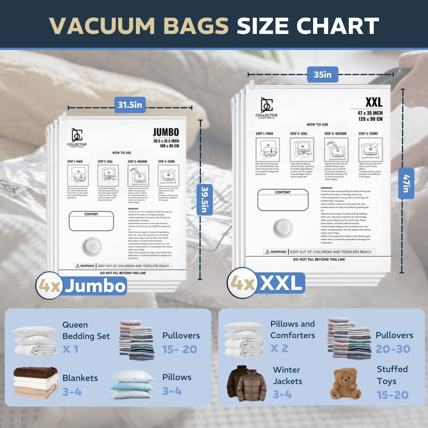 Paquete 8 Bolsas Almacenamiento al Vacío XXL Jumbo - Collective Comforts