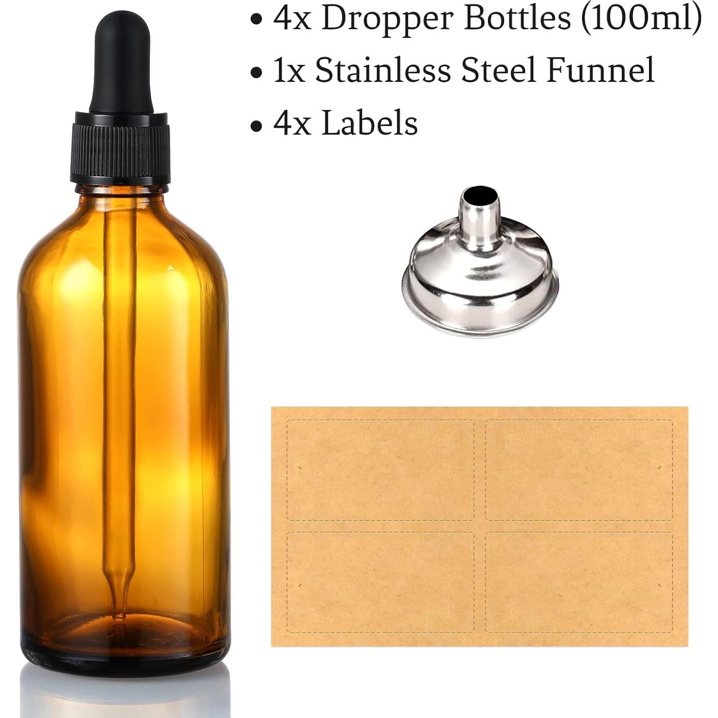 AOZITA 4 Botellas Goteo 100ml Ámbar con Embudo y Etiquetas