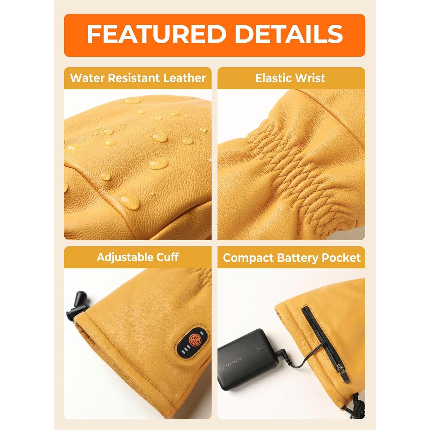 Mitones Calentados ORORO de Cuero Unisex Amarillo T. Grande