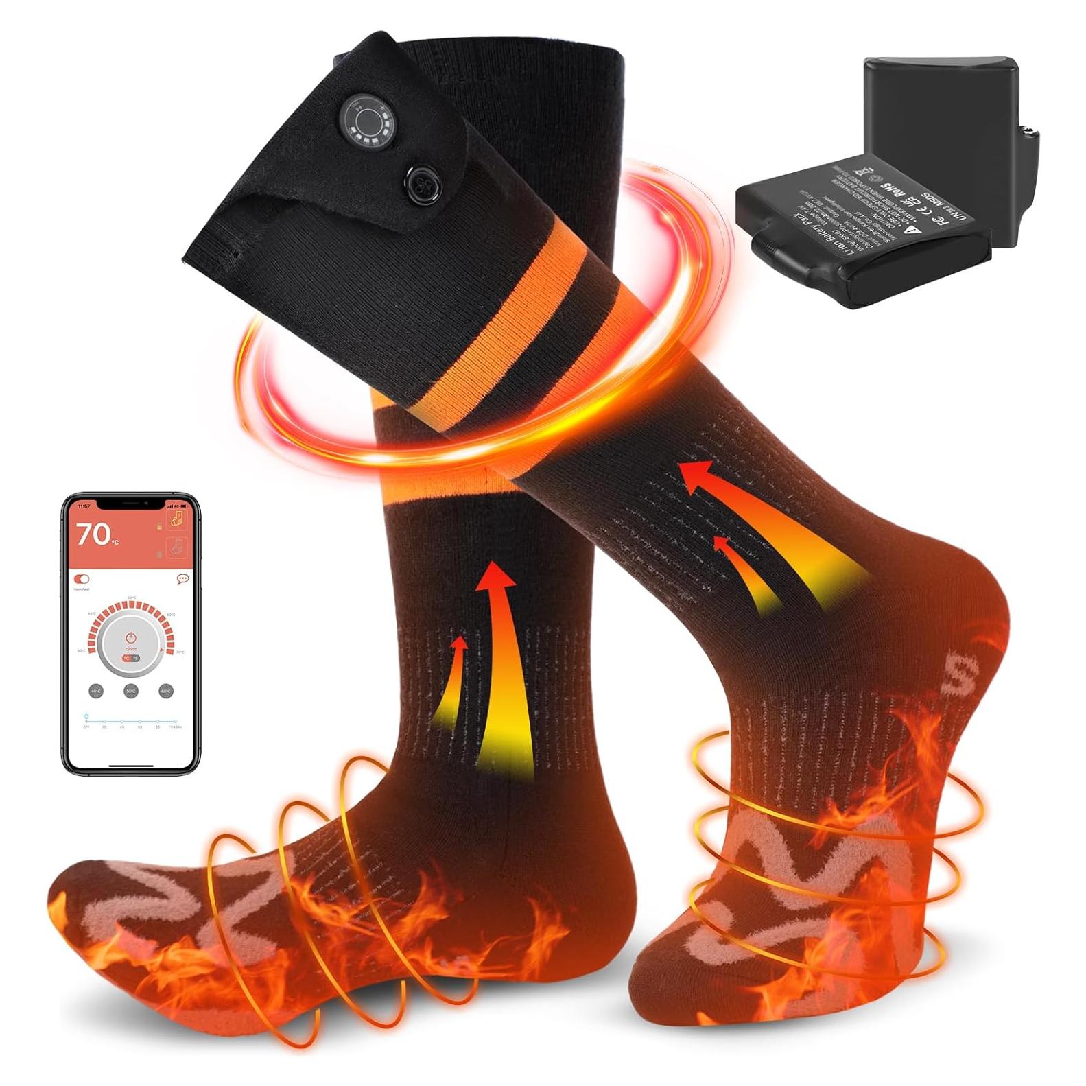 Heated Socks for Men Women,7.4V 3000mAh Rechargeable Heated Socks with APP Control Washable Electric Heating Socks Feet Warmer for Winter Outdoor Sports Hunting Skiing Camping (Orange Black-S)