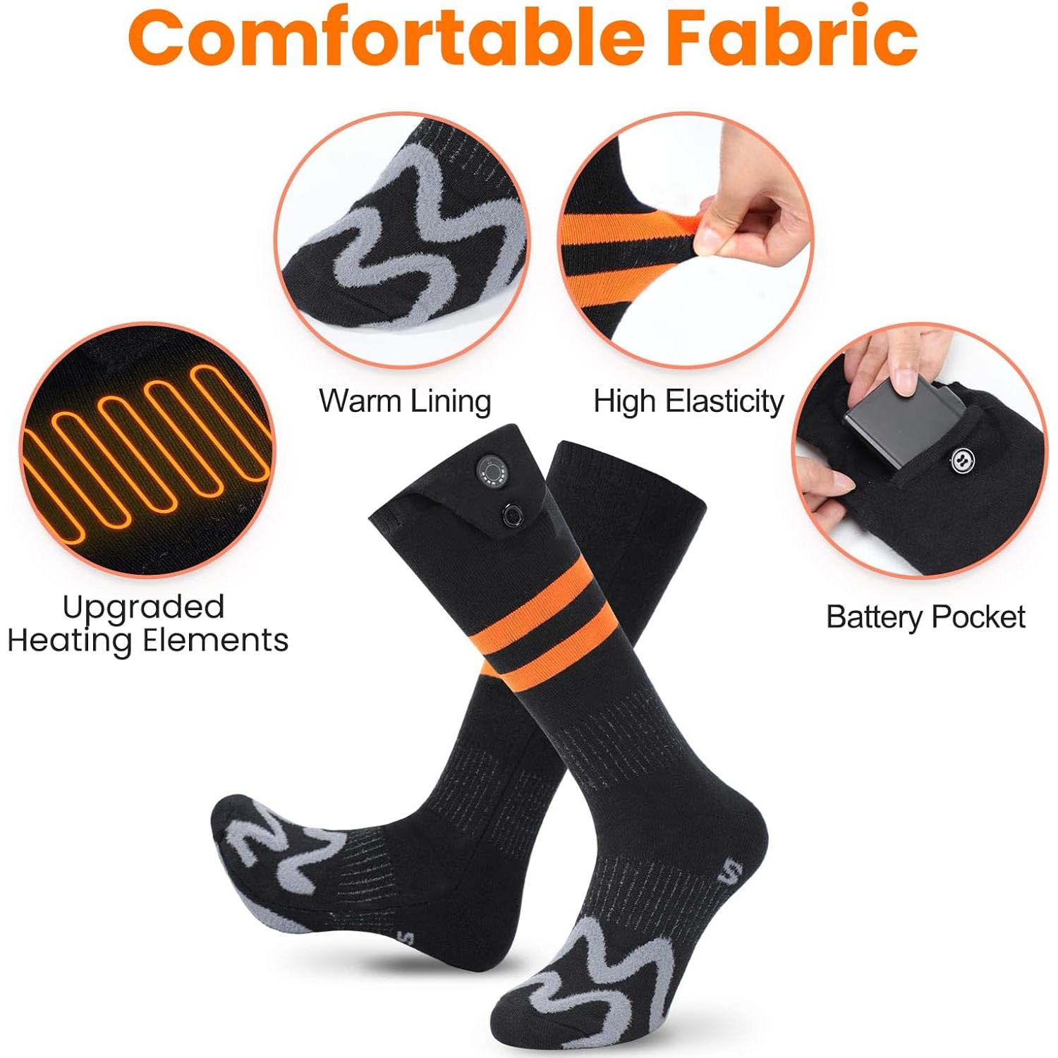 Heated Socks for Men Women,7.4V 3000mAh Rechargeable Heated Socks with APP Control Washable Electric Heating Socks Feet Warmer for Winter Outdoor Sports Hunting Skiing Camping (Orange Black-S)