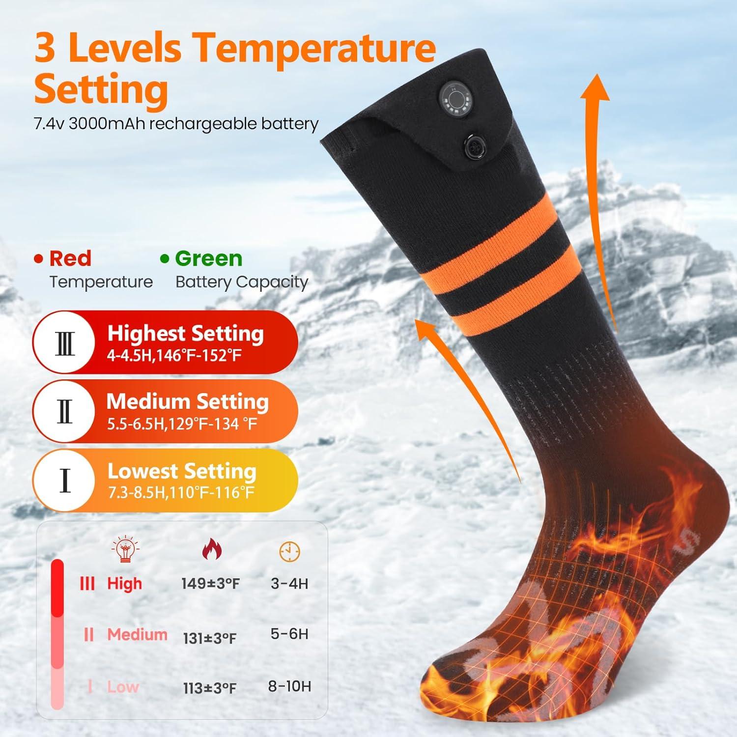Heated Socks for Men Women,7.4V 3000mAh Rechargeable Heated Socks with APP Control Washable Electric Heating Socks Feet Warmer for Winter Outdoor Sports Hunting Skiing Camping (Orange Black-S)