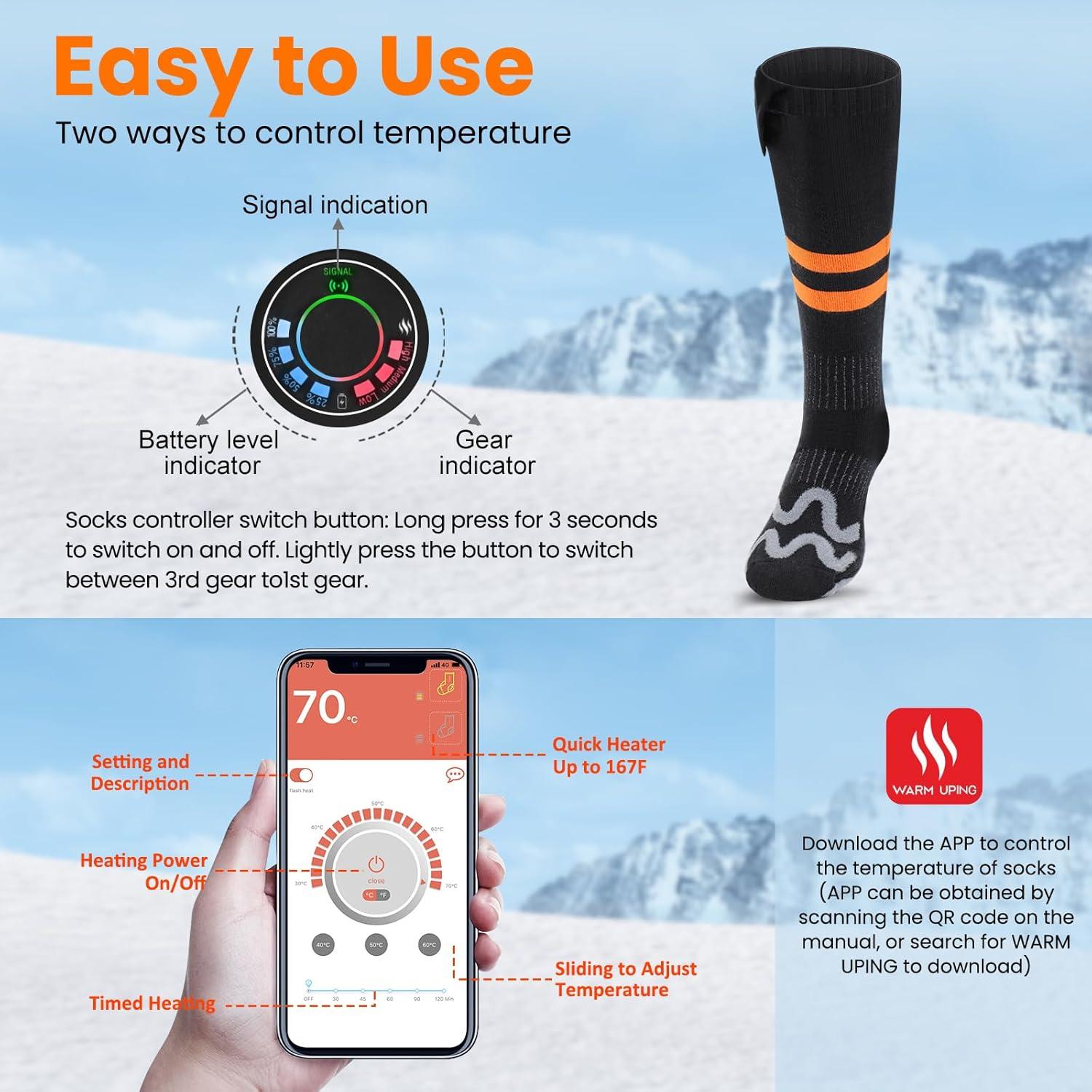 Heated Socks for Men Women,7.4V 3000mAh Rechargeable Heated Socks with APP Control Washable Electric Heating Socks Feet Warmer for Winter Outdoor Sports Hunting Skiing Camping (Orange Black-S)