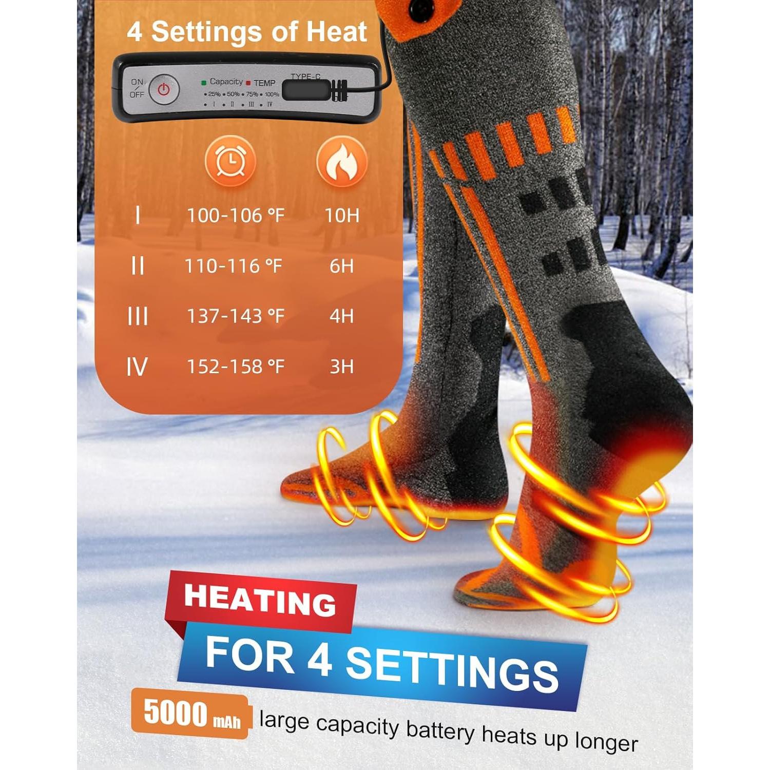 Rechargeable Heated Socks with 5000mAh Battery - Faster Heating Electric Foot Warmers for Men & Women, 4 Temp Setting, Up to 10 Hours, Warm Heated Socks for Winter Hunting, Fishing, Skiing