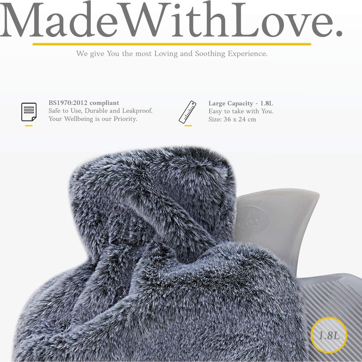 Botella de Agua Caliente Qomfor 1.8L con Funda Suave Gris