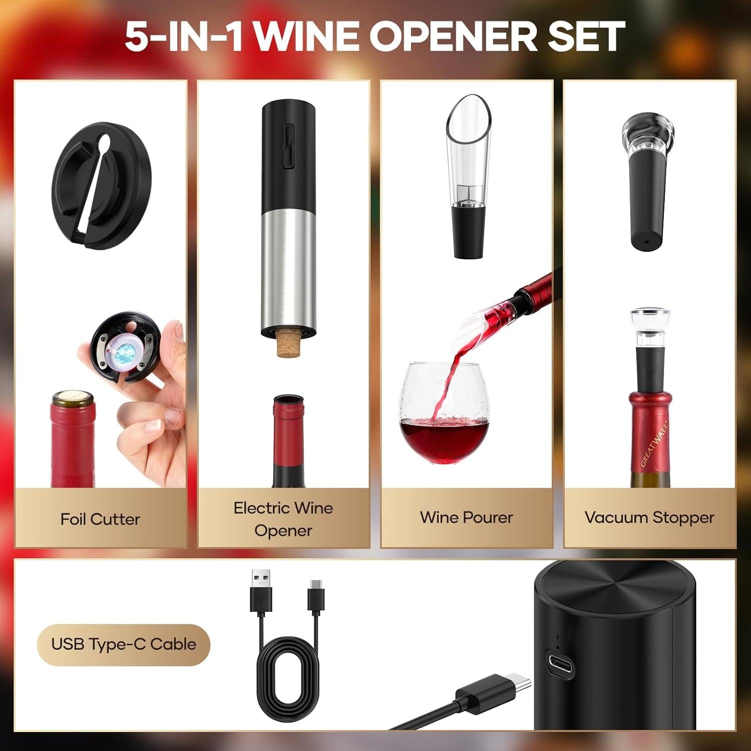 Abridor de Vino Eléctrico Assark KP3-362103 5-en-1 Recargable