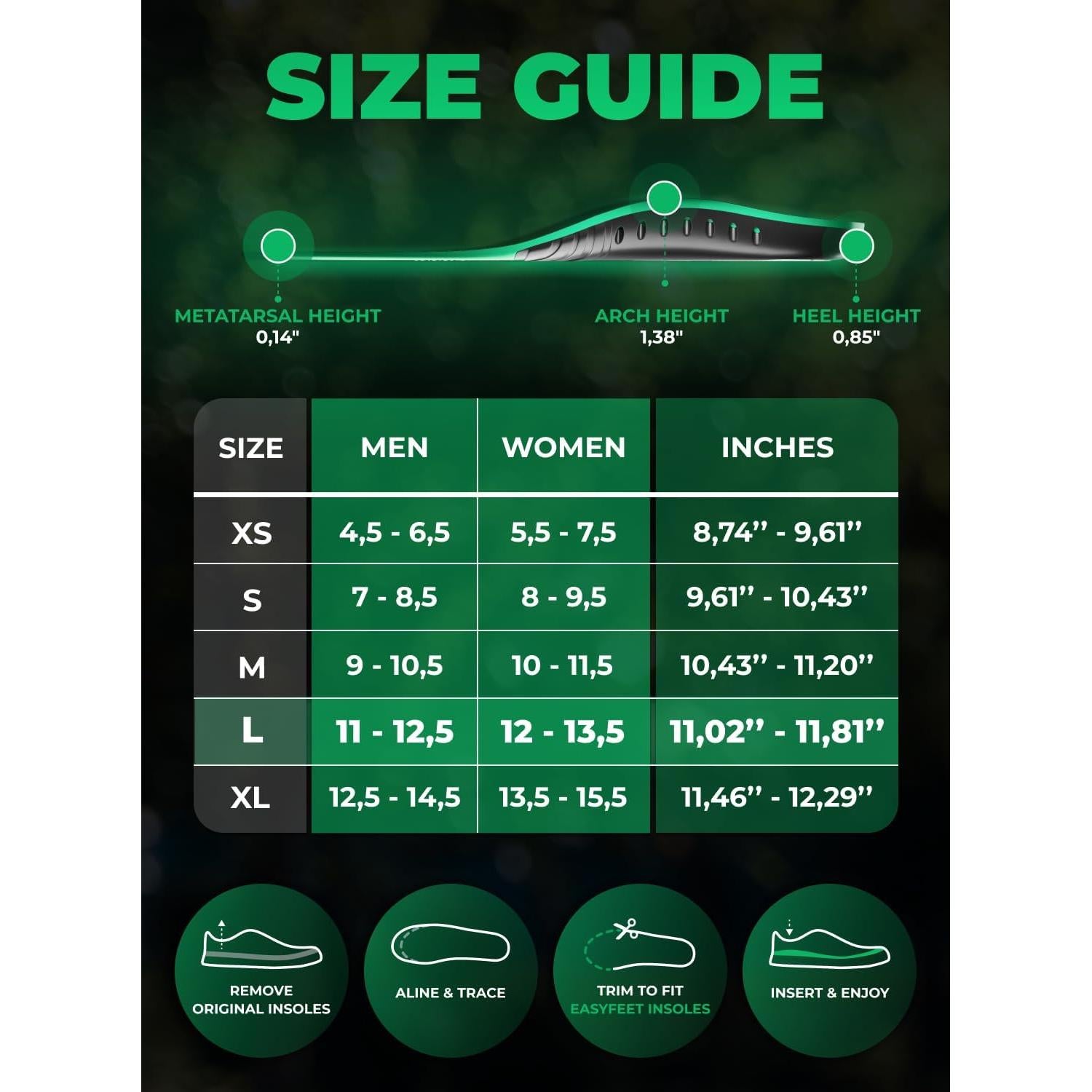 Plantillas ortopédicas EASYFEET para arco alto 220 lbs L