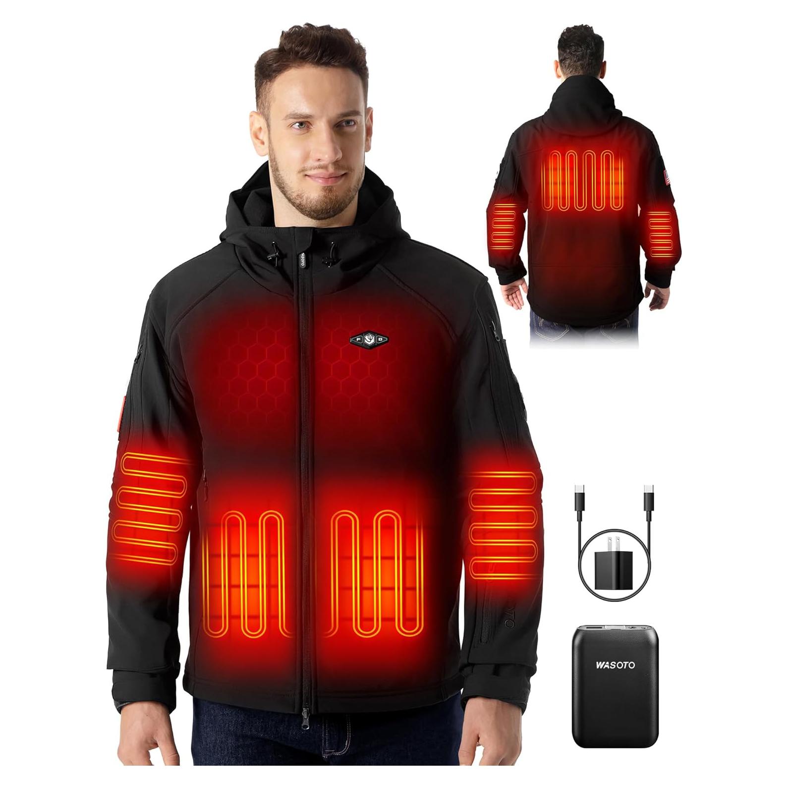 Heated Jackets for Men With 16000mAh Battery Pack Included Windproof Water Resistant Mens Heated Jacket with Foldable Hood (Black,2XL)