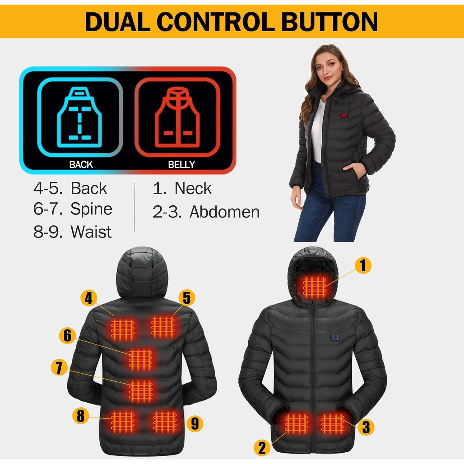 Abrigo Acolchado Térmico Mujer NBtoUS, 9 Zonas Calor, Negro