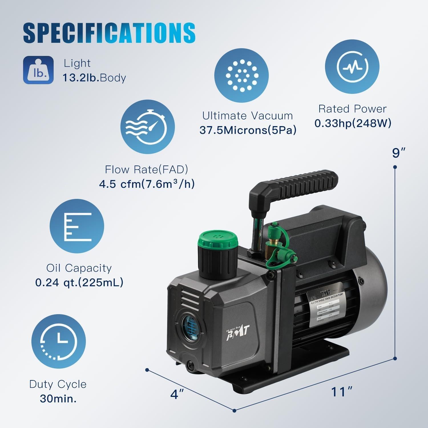 Bomba de Vacío PB Motor Tech 1/3HP 4.5CFM con Manómetro