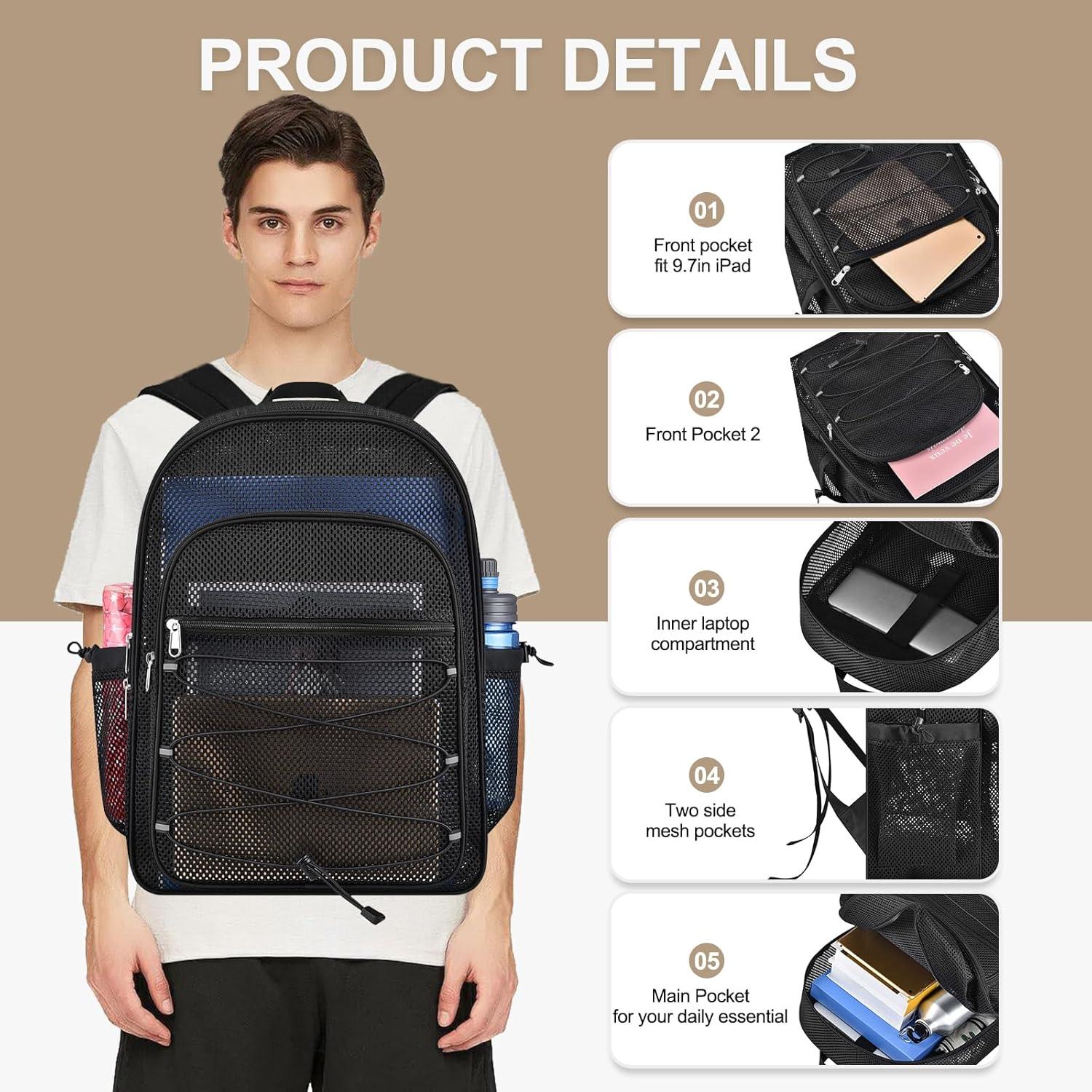 Mochila de Malla Busiuw 39L Negra para Escuela y Playa