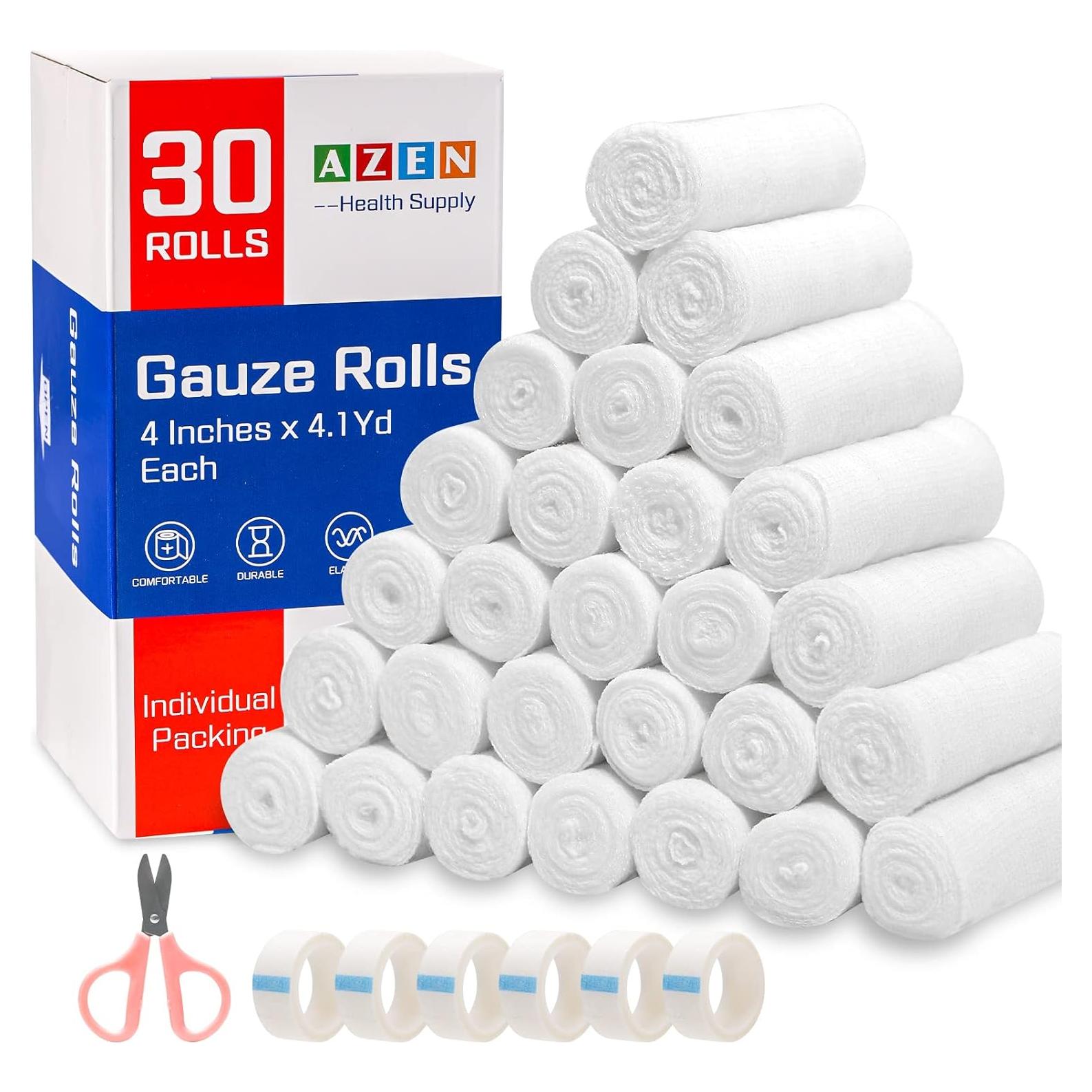 AZEN Paquete de 30 Rollos de Gasa 10,16 cm x 3,75 m