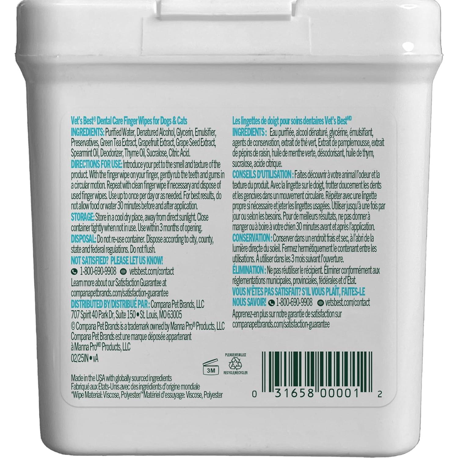 Toallitas Dentales Vet's Best para Perros y Gatos 50 Unidades