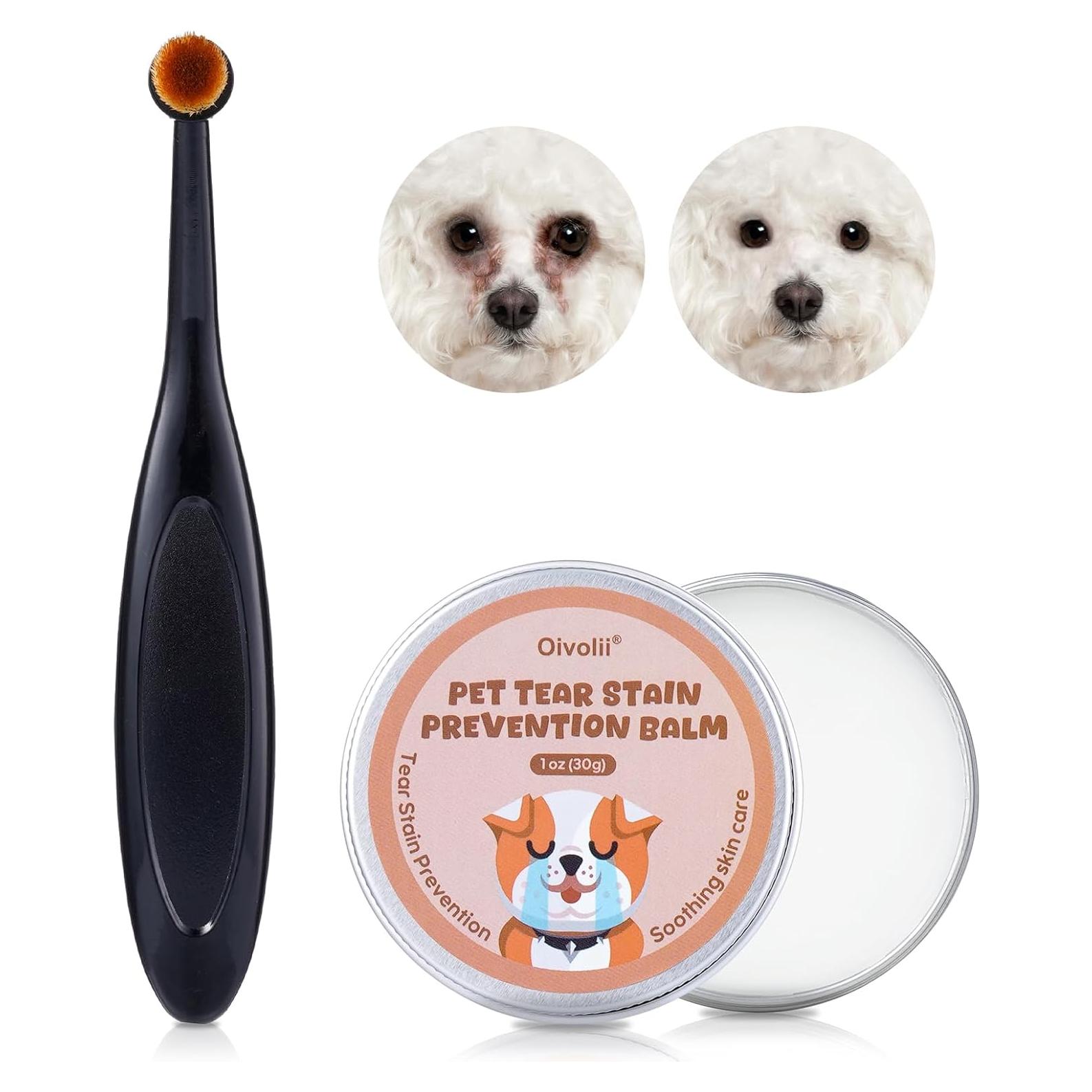 Tear Stain Remover Balm for Dogs & Cats with Pro Powder Brush – Natural Safe Gently Removes Eye Gunk & Stains – Great for White Dogs, Daily Eye Cleaning – Works Better with Pet Eye Wipes,1 oz