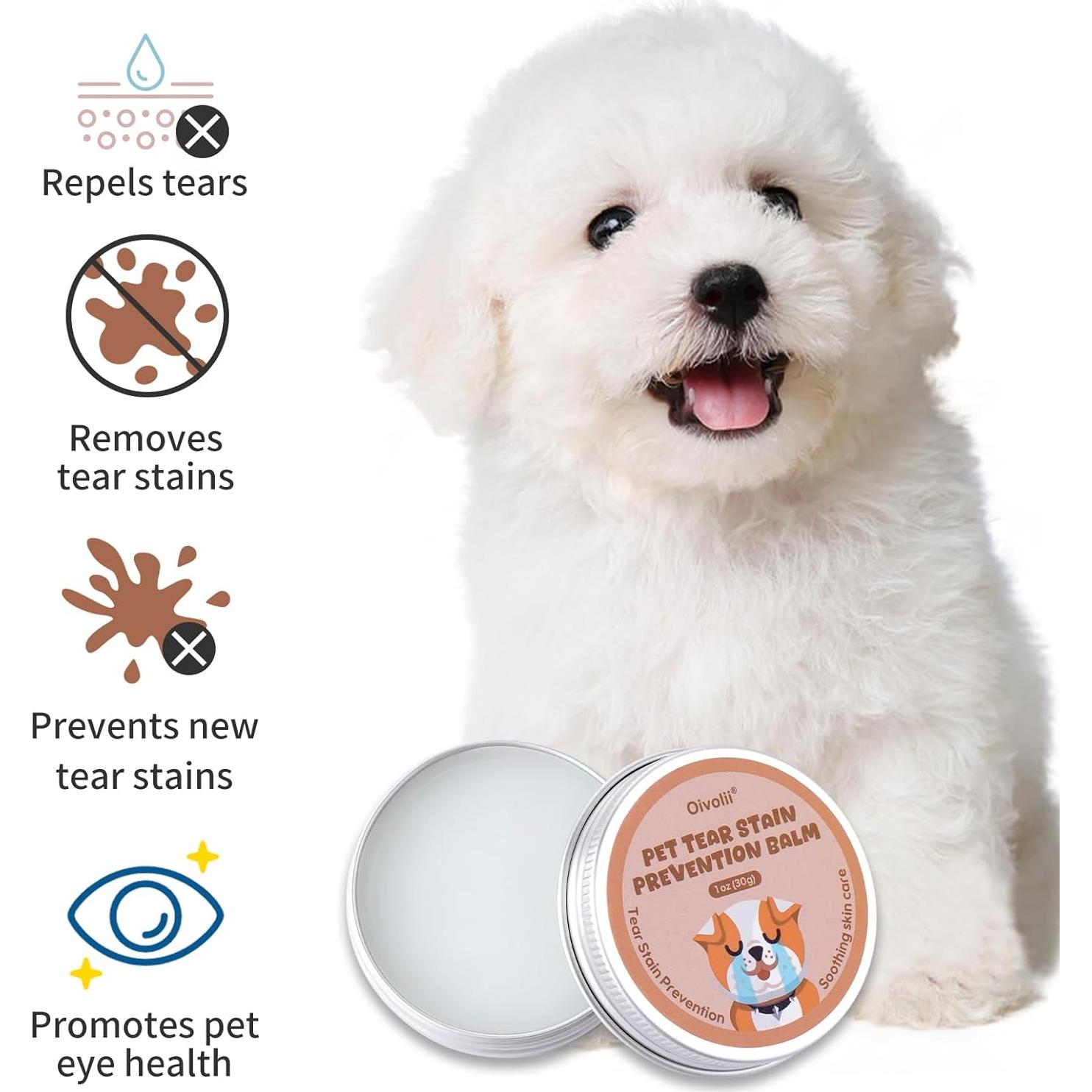 Tear Stain Remover Balm for Dogs & Cats with Pro Powder Brush – Natural Safe Gently Removes Eye Gunk & Stains – Great for White Dogs, Daily Eye Cleaning – Works Better with Pet Eye Wipes,1 oz