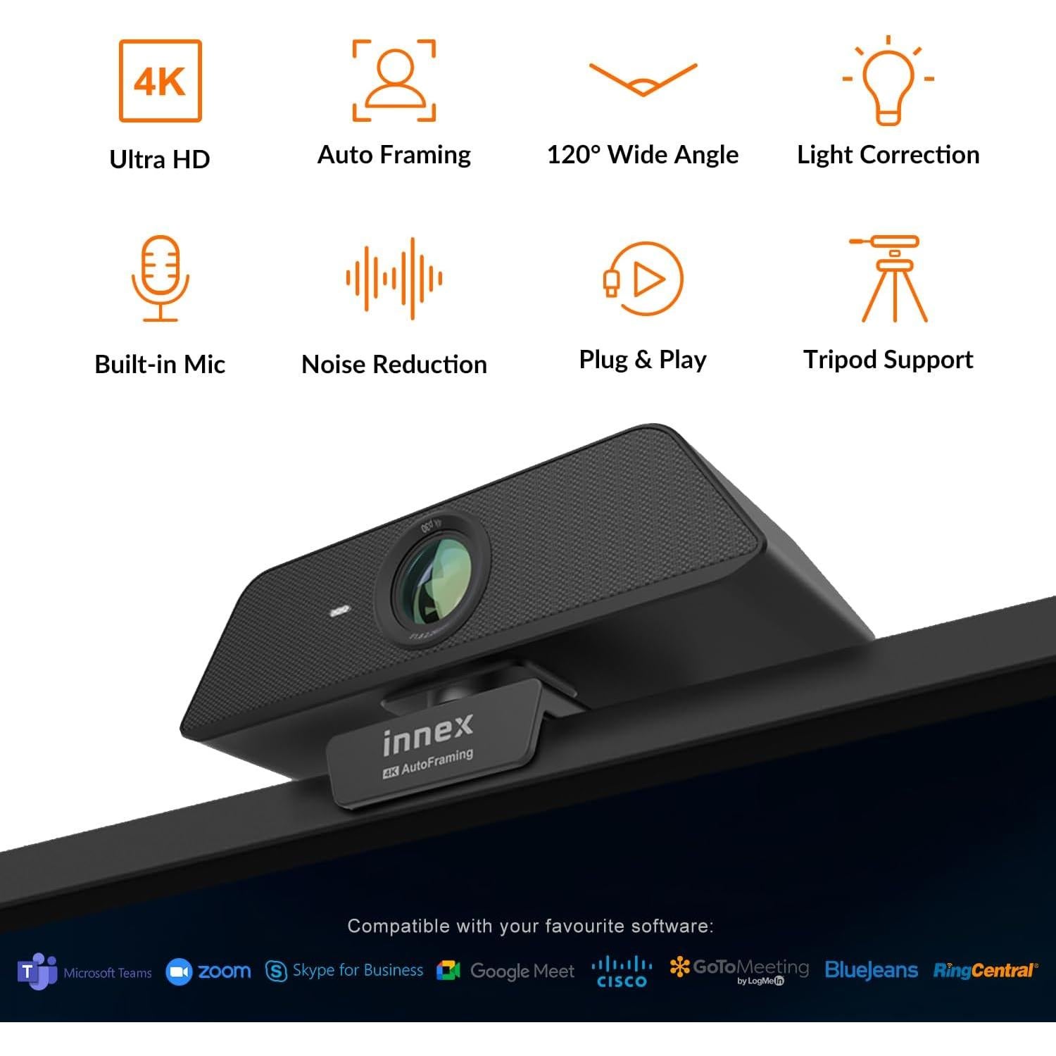 Cámara web Innex C470 4K con micrófono y encuadre AI