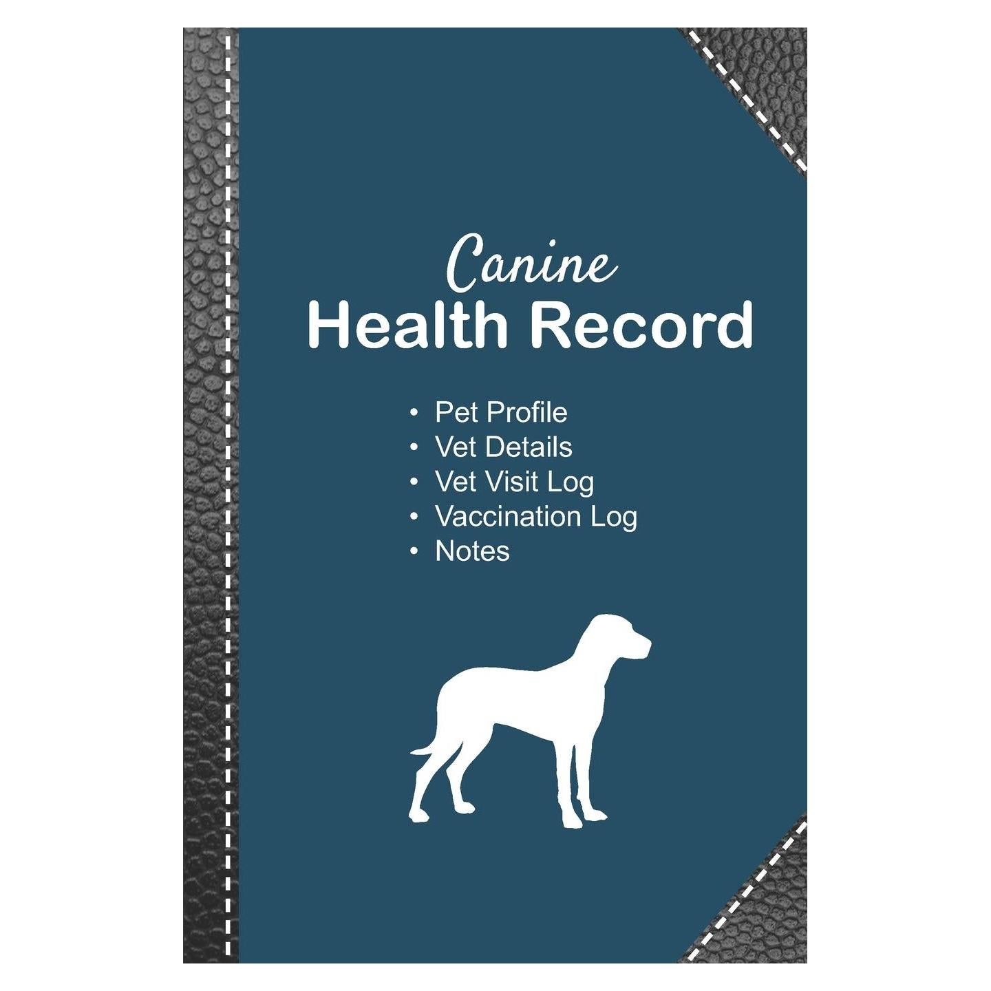 Canine health record: Dog vaccine record book | Pet health record | Puppy vaccine record | 101 pages, 6"x9" | Paperback | blue background ... black leather black silhouette of white dog