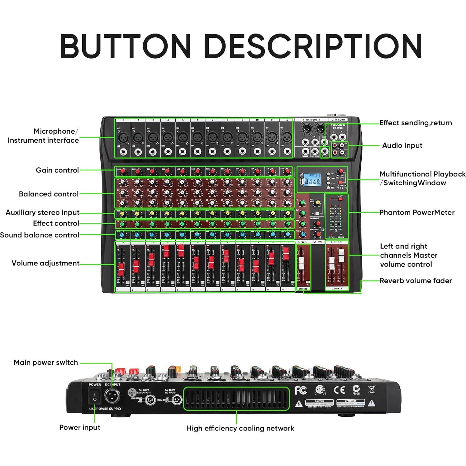 Mezclador de Audio FULODE CT120 de 12 Canales con Bluetooth