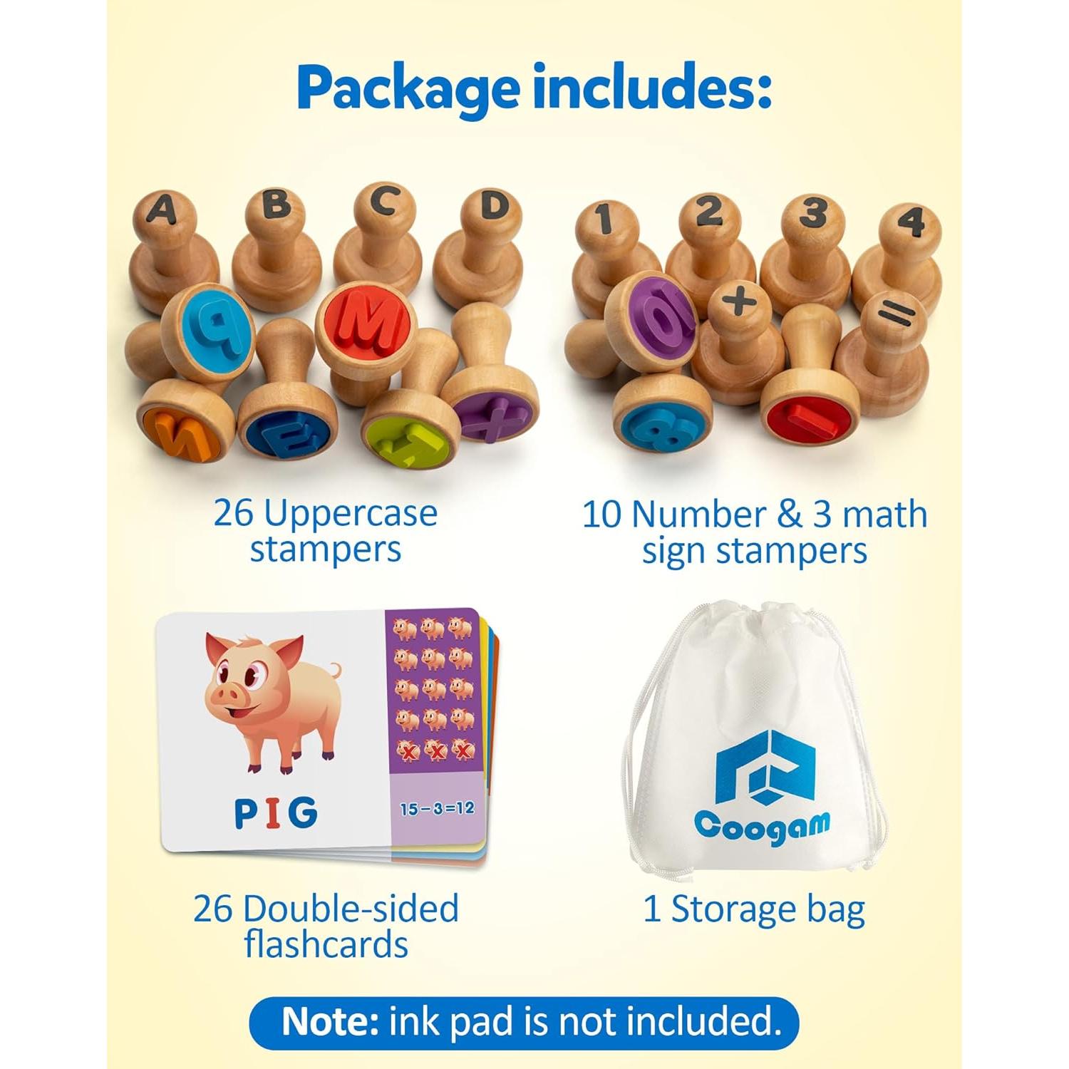 Sellos de Alfabeto y Números de Madera Coogam - Juguete Educativo Montessori