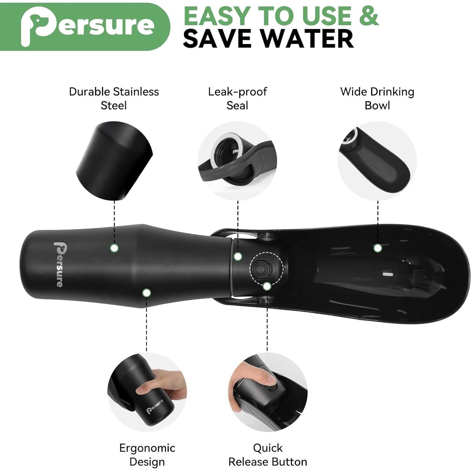 Botella de Agua para Perros Persure 800 ml Negra a Prueba de Fugas
