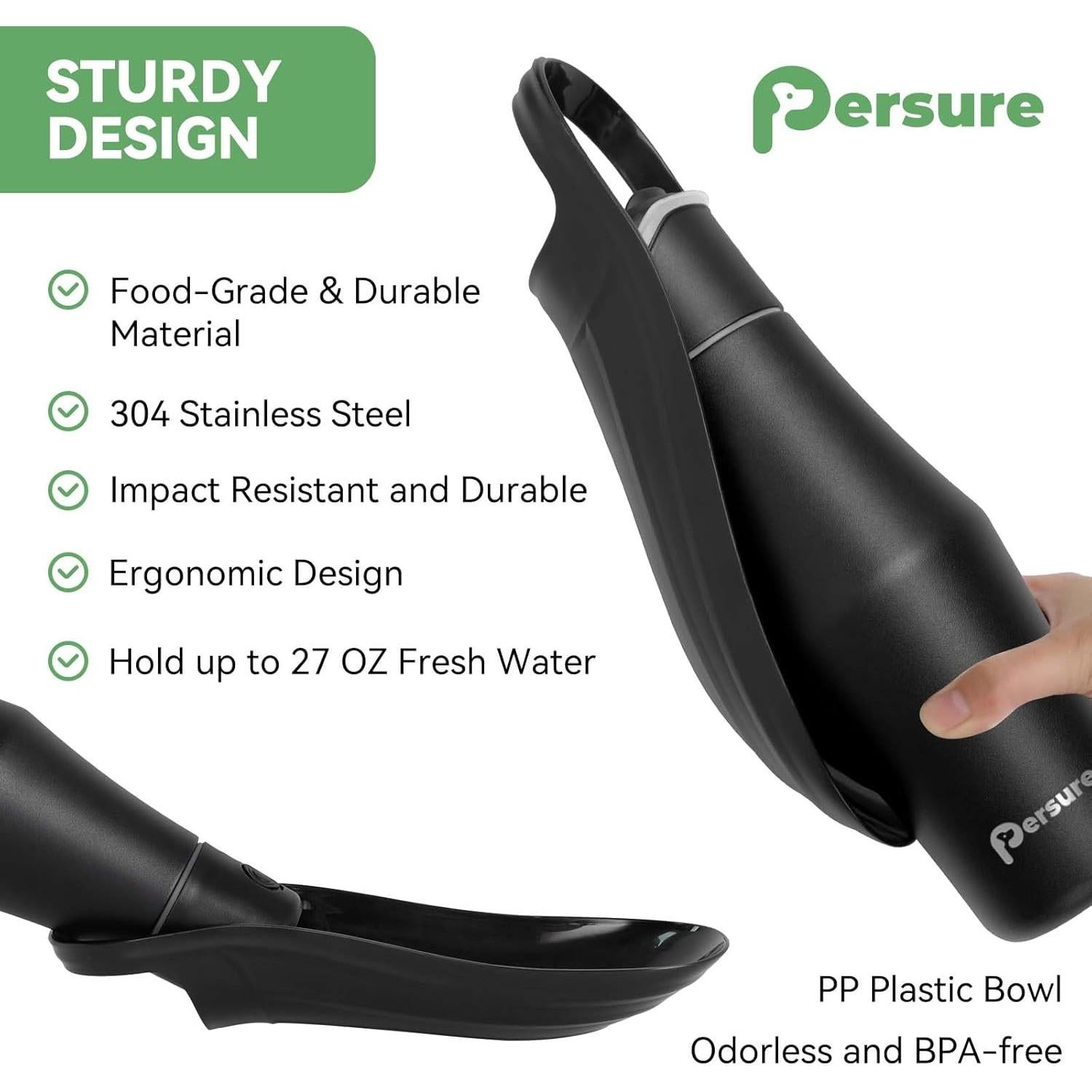 Botella de Agua para Perros Persure 800 ml Negra a Prueba de Fugas