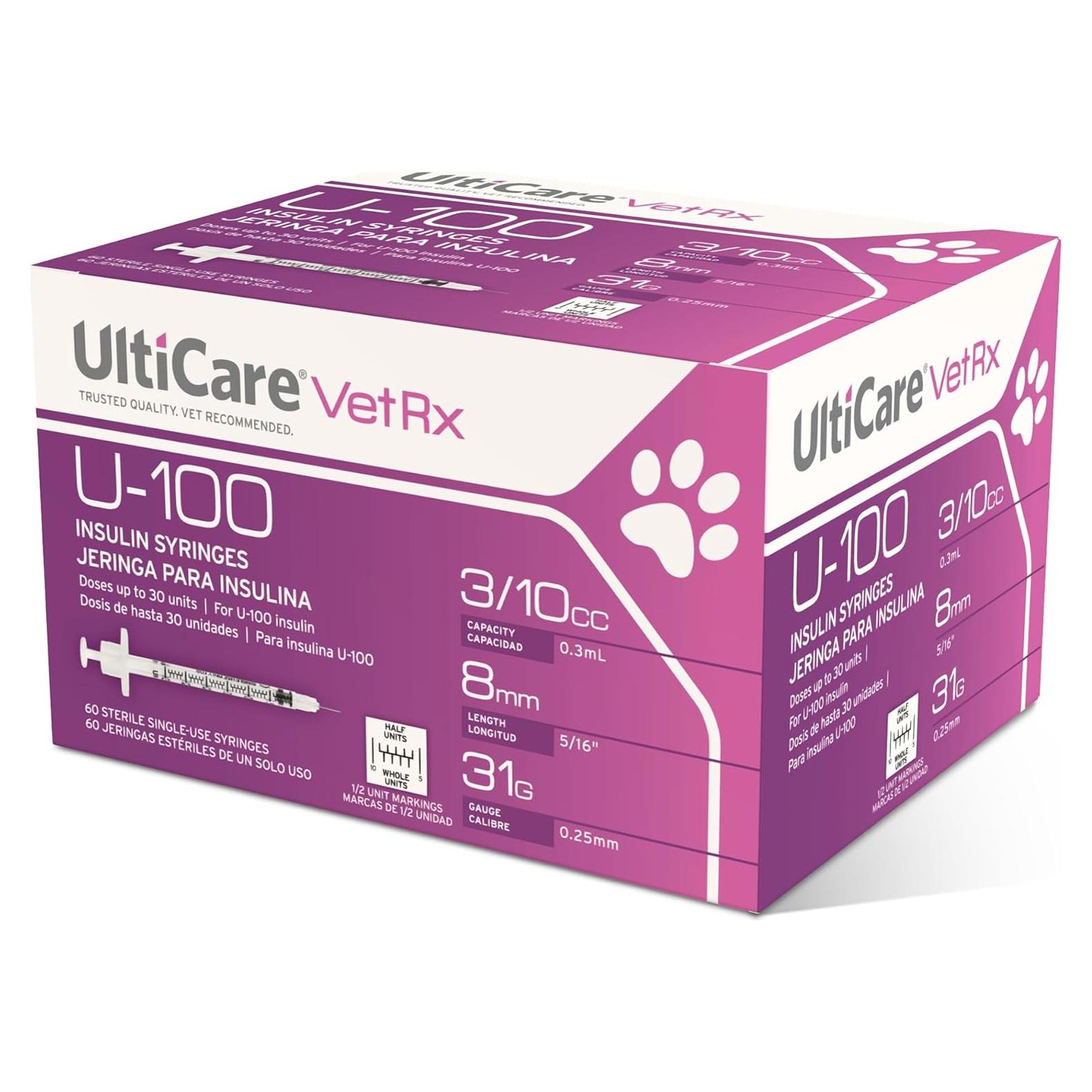 Jeringas de Insulina UltiCare VetRx U-100 3/10cc 60 unidades