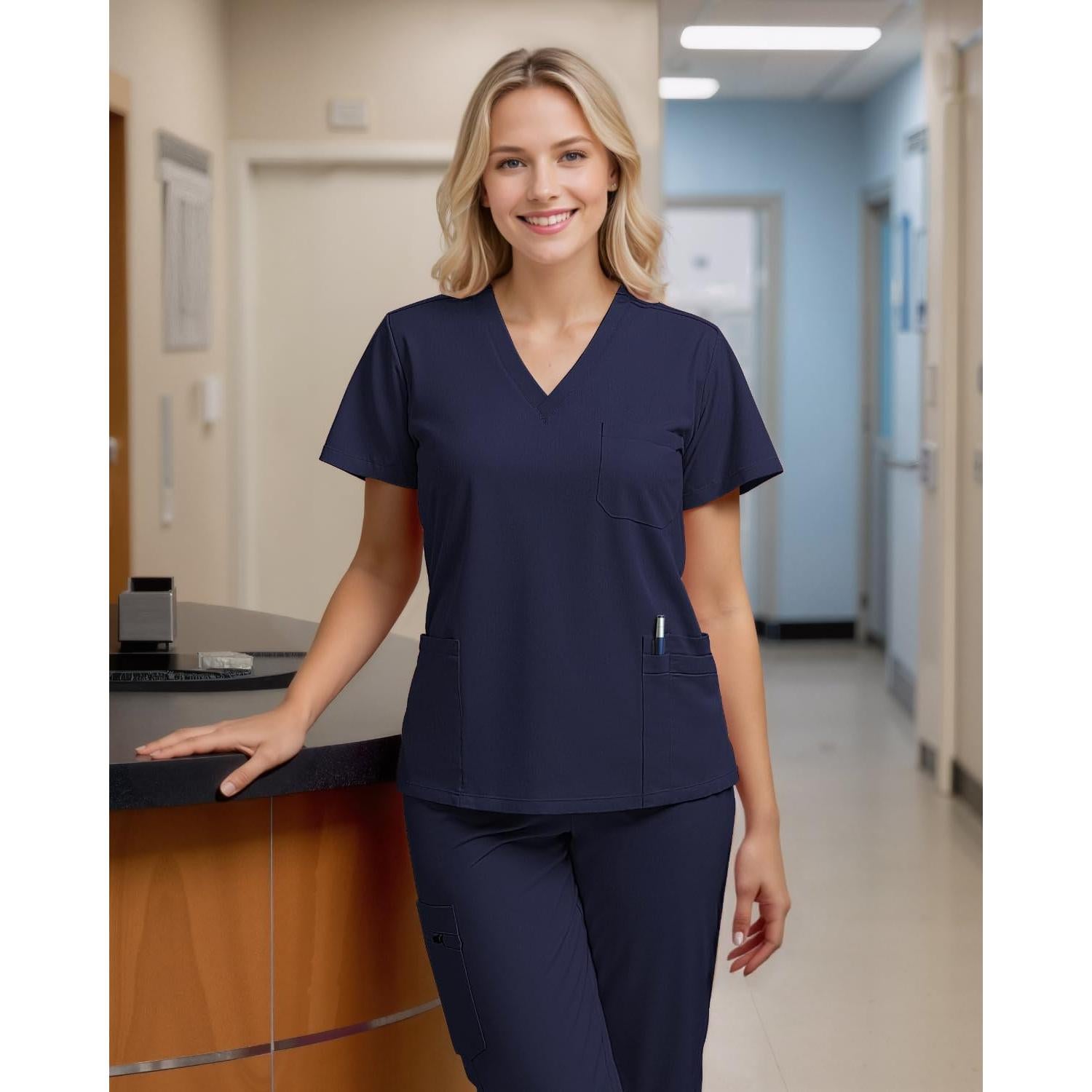 Conjunto de Scrubs para Mujeres Eadflie 8 Bolsillos Azul Marino
