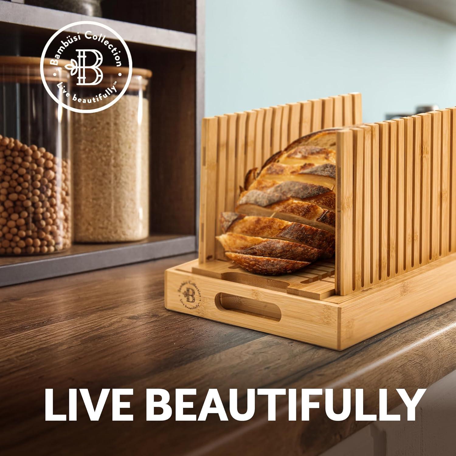 Cortador de Pan Ajustable Bambüsi - Con Bandeja para Migas