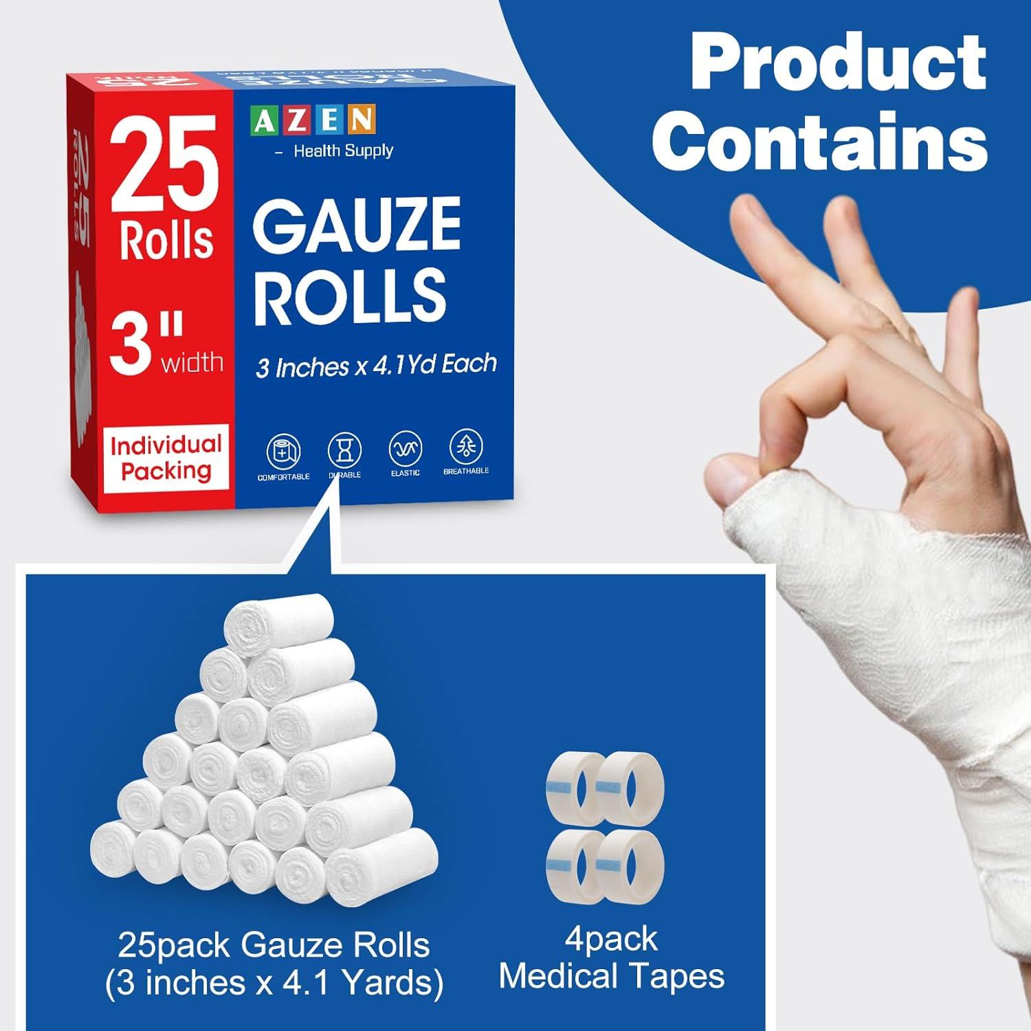 AZEN Gasa Médica Premium 25 Rollos 7,62 cm x 3,75 m