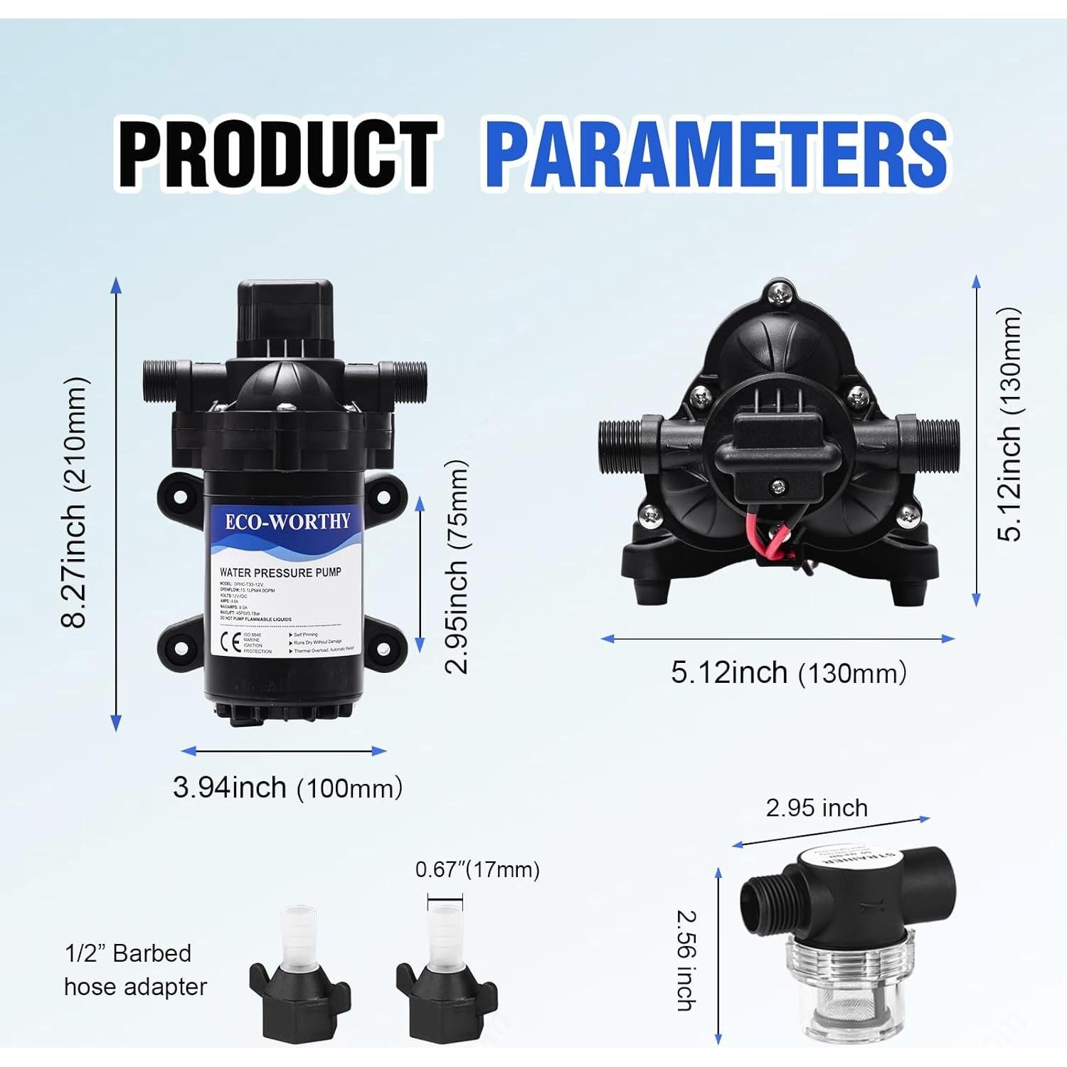 Bomba de Diafragma ECO-WORTHY 12V 4.0GPM 45PSI Silenciosa