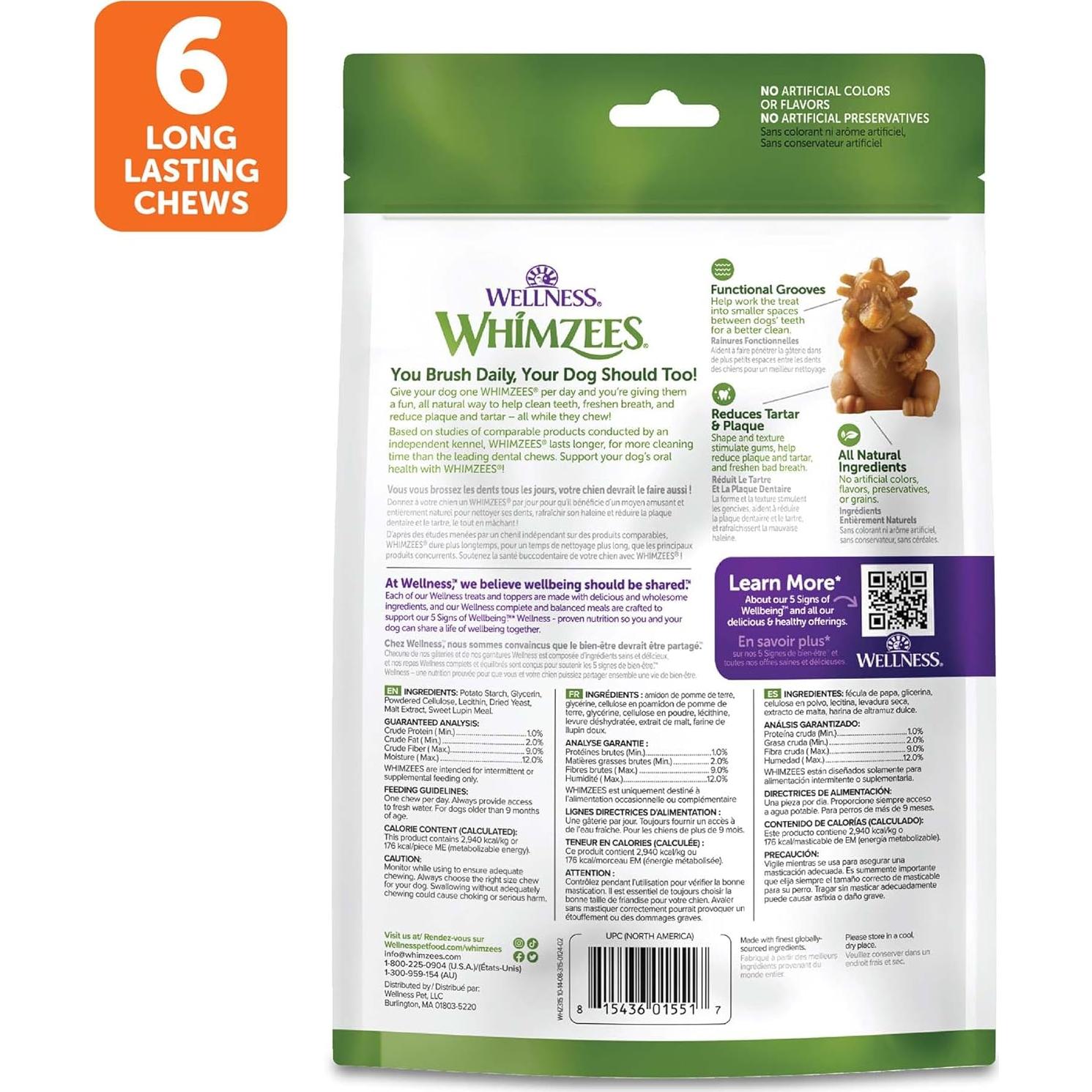 Golosinas Dentales para Perros Wellness WHIMZEES Grande 6 Unidades