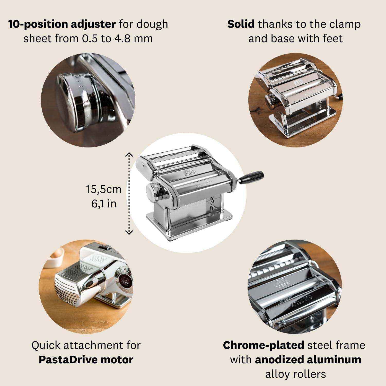 Máquina de Hacer Pasta Manual Marcato Atlas 150 Acero Cromado