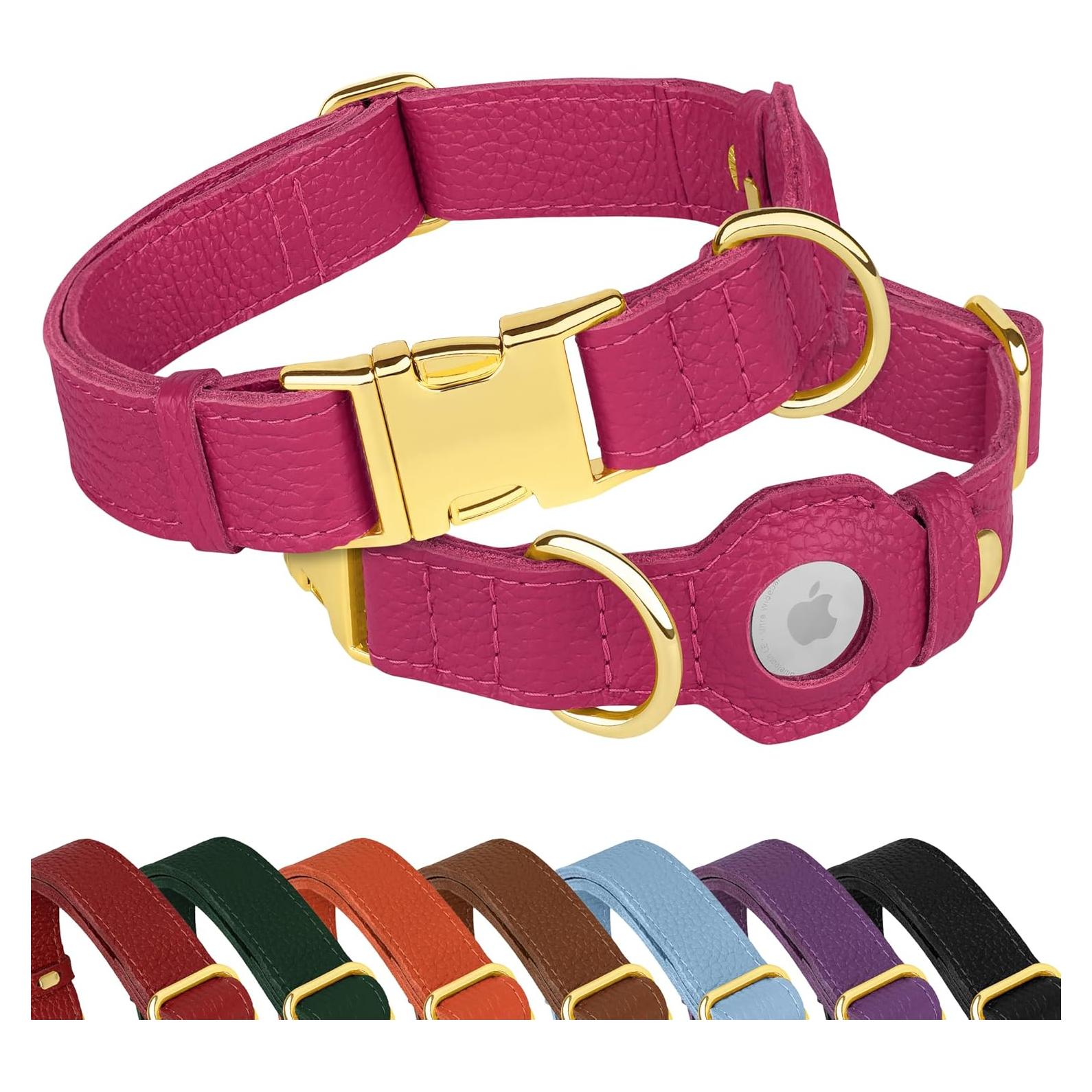 Collar de perro de cuero Budkas con soporte AirTag Rosa L