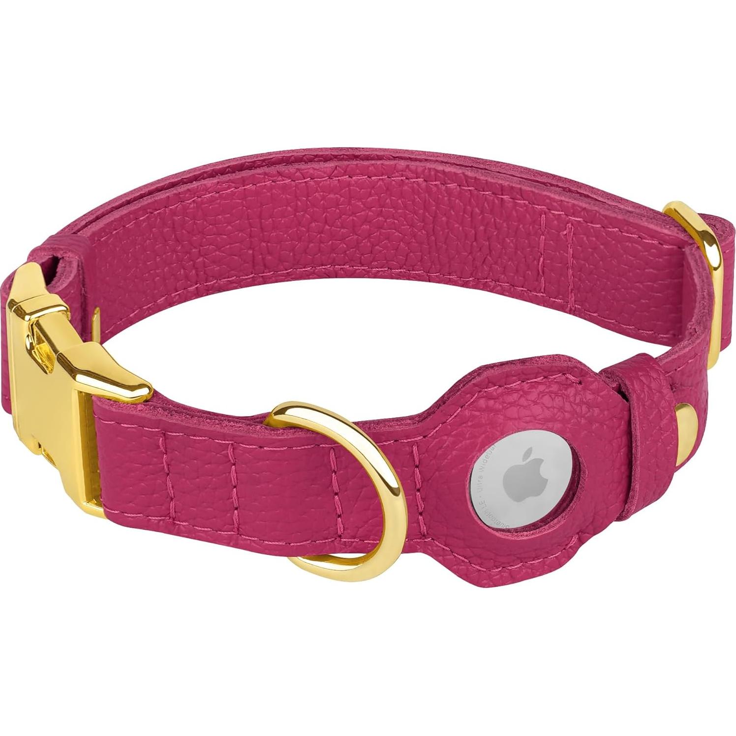 Collar de perro de cuero Budkas con soporte AirTag Rosa L