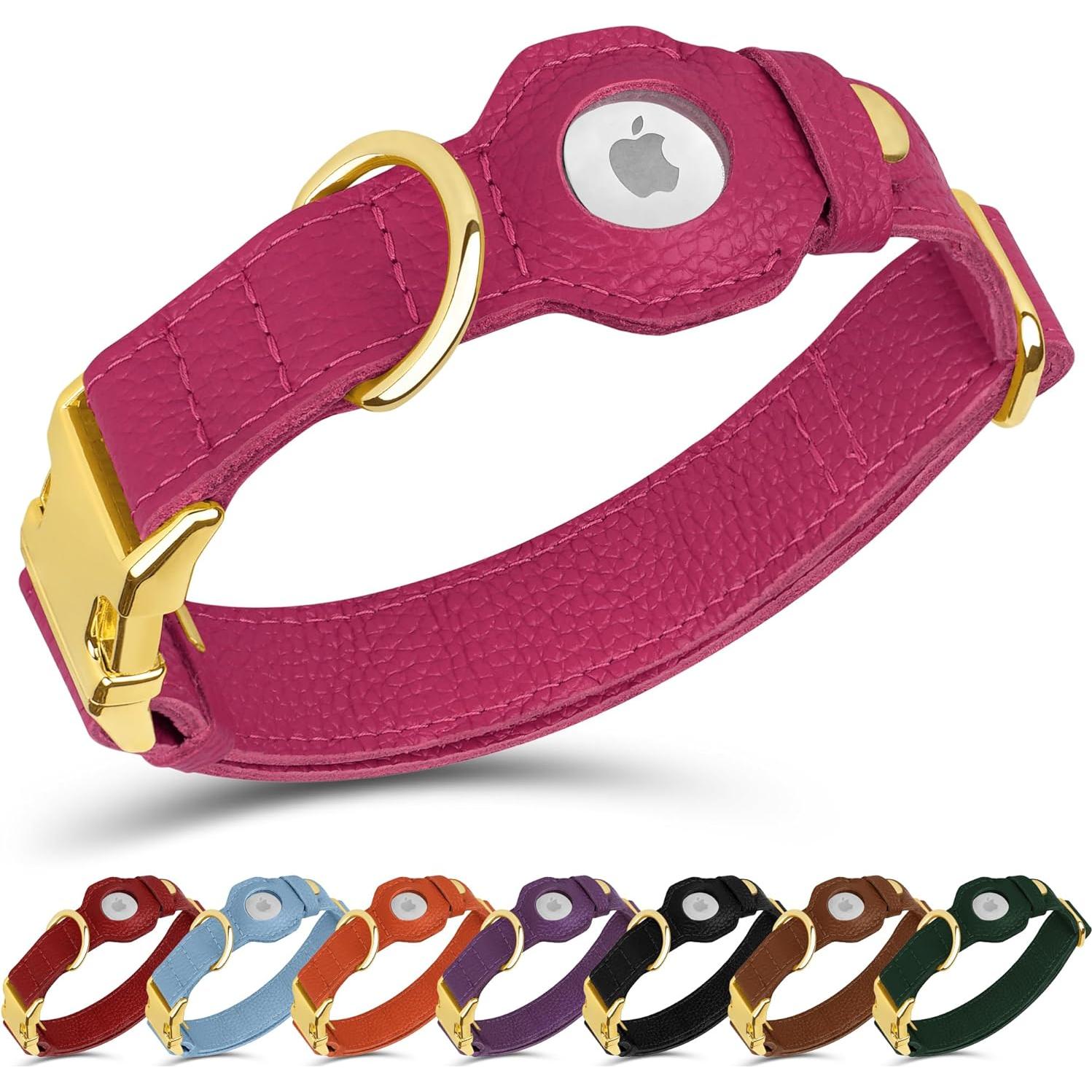 Collar de perro de cuero Budkas con soporte AirTag Rosa L