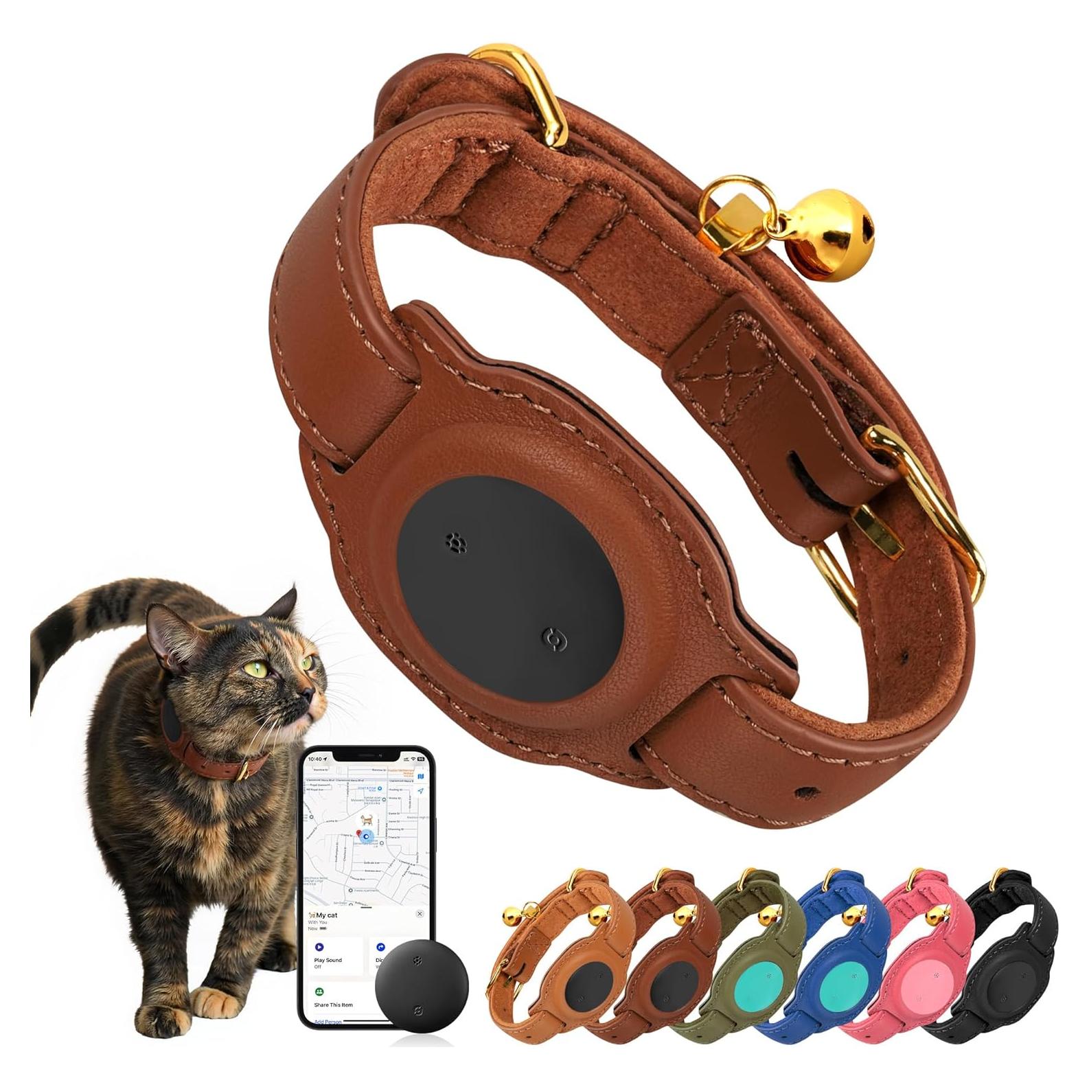 Rastreador GPS para Gatos Jowlroel Collar de Cuero Marrón