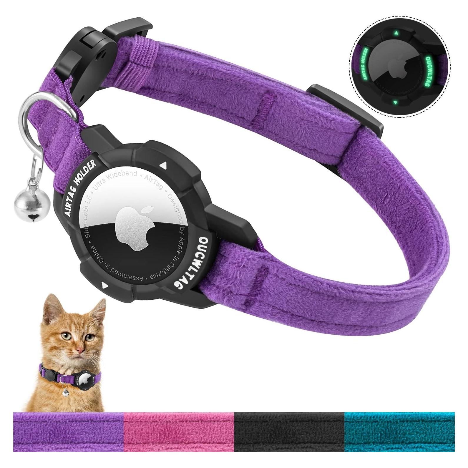 Collar GPS para Gato OUCWLTAG con Soporte AirTag Púrpura 7-10cm