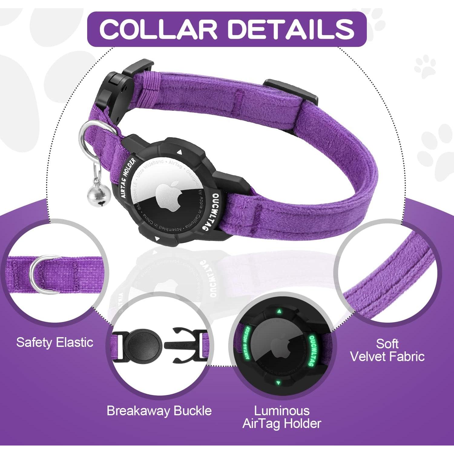 Collar GPS para Gato OUCWLTAG con Soporte AirTag Púrpura 7-10cm