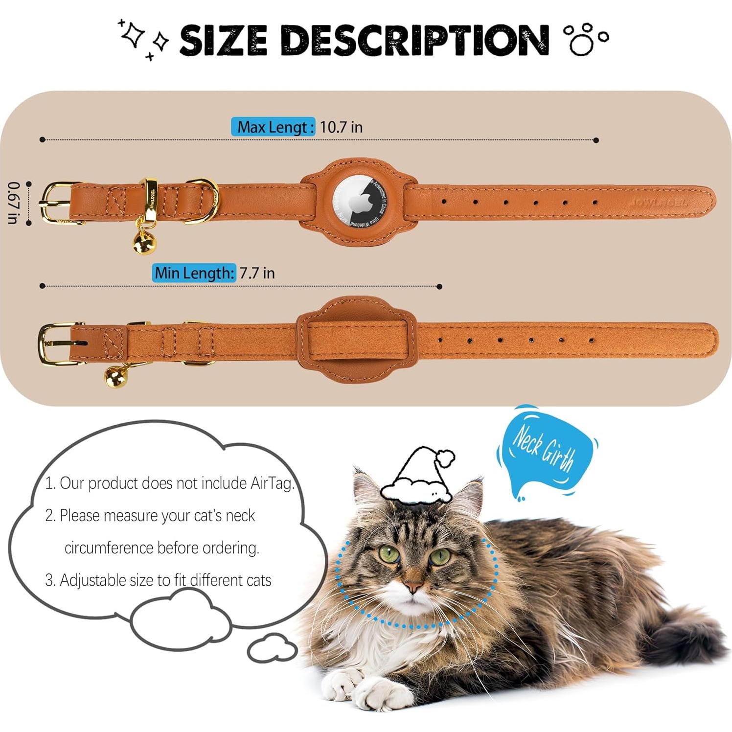 Collar para Gato AirTag Jowlroel Cuero Marrón Claro 33cm