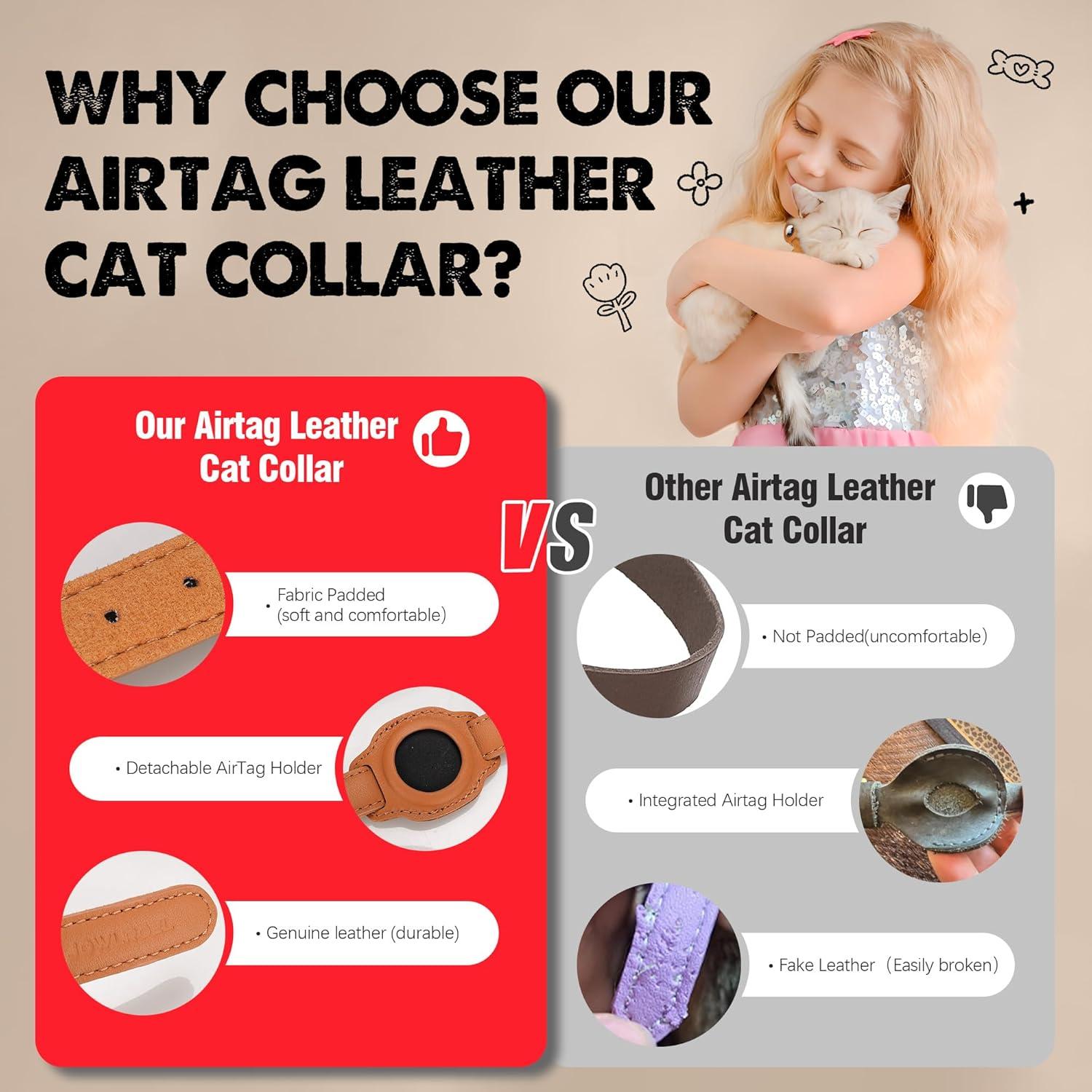 Collar para Gato AirTag Jowlroel Cuero Marrón Claro 33cm